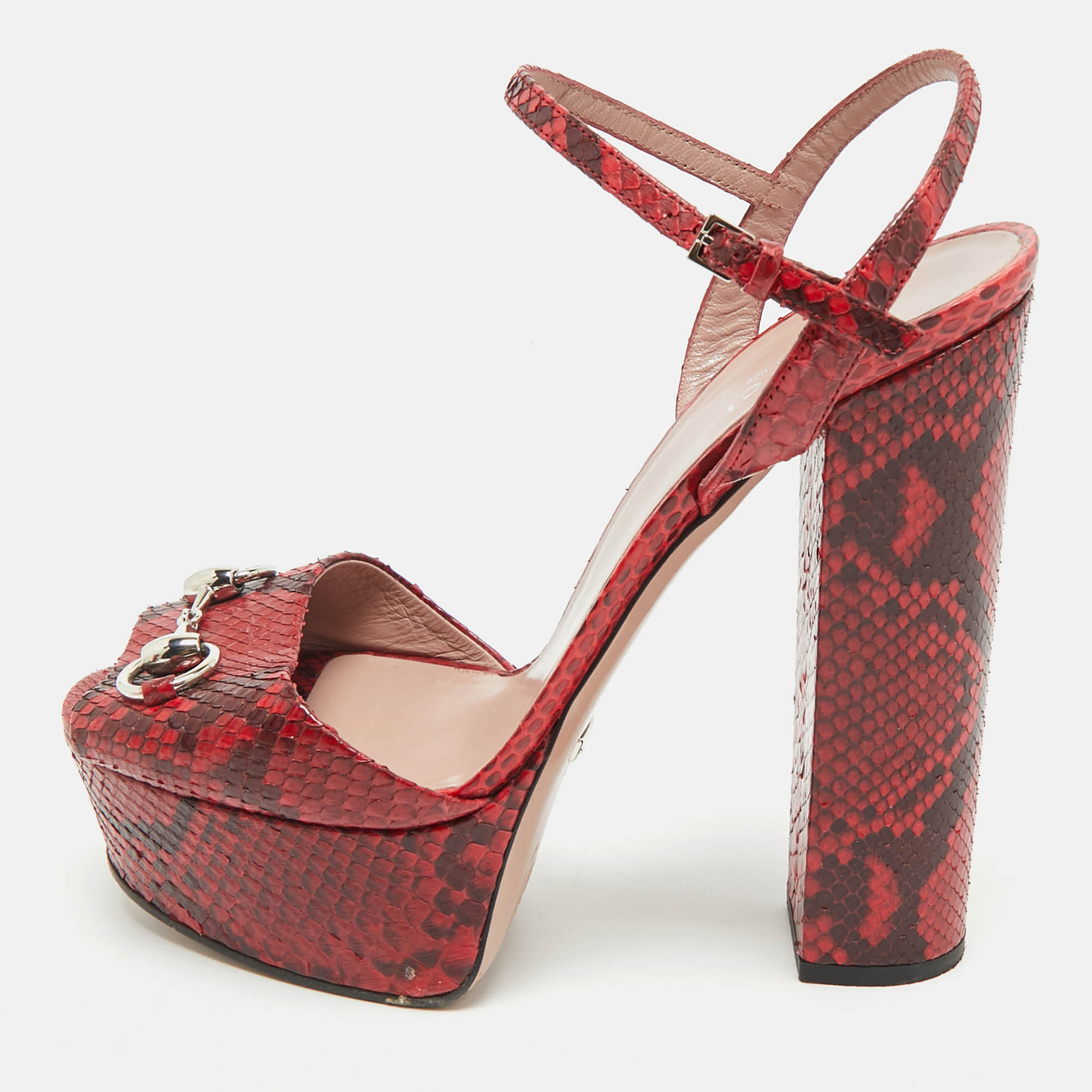 

Gucci Red/Burgundy Python Leather Claudie Horsebit Platform Sandals Size