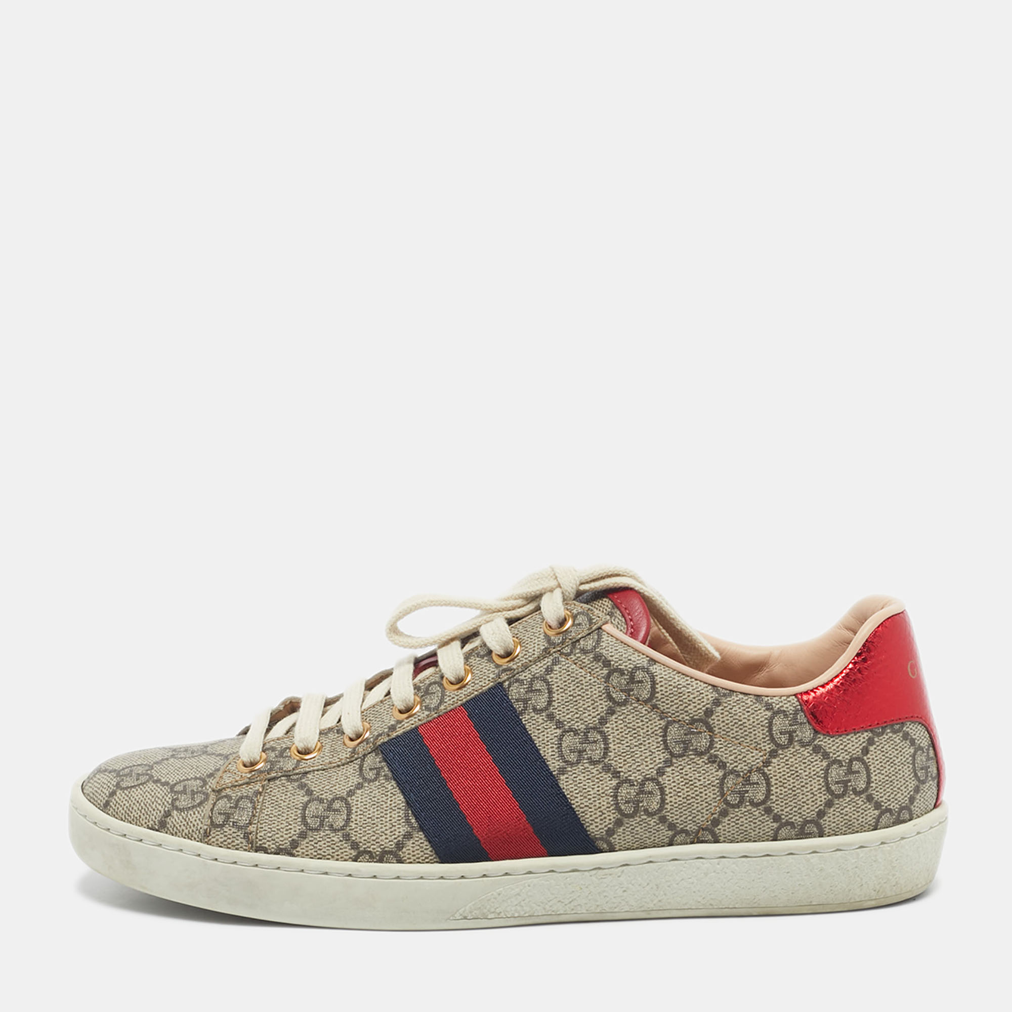 

Gucci Red/Beige GG Canvas Ace Low Top Sneakers Size