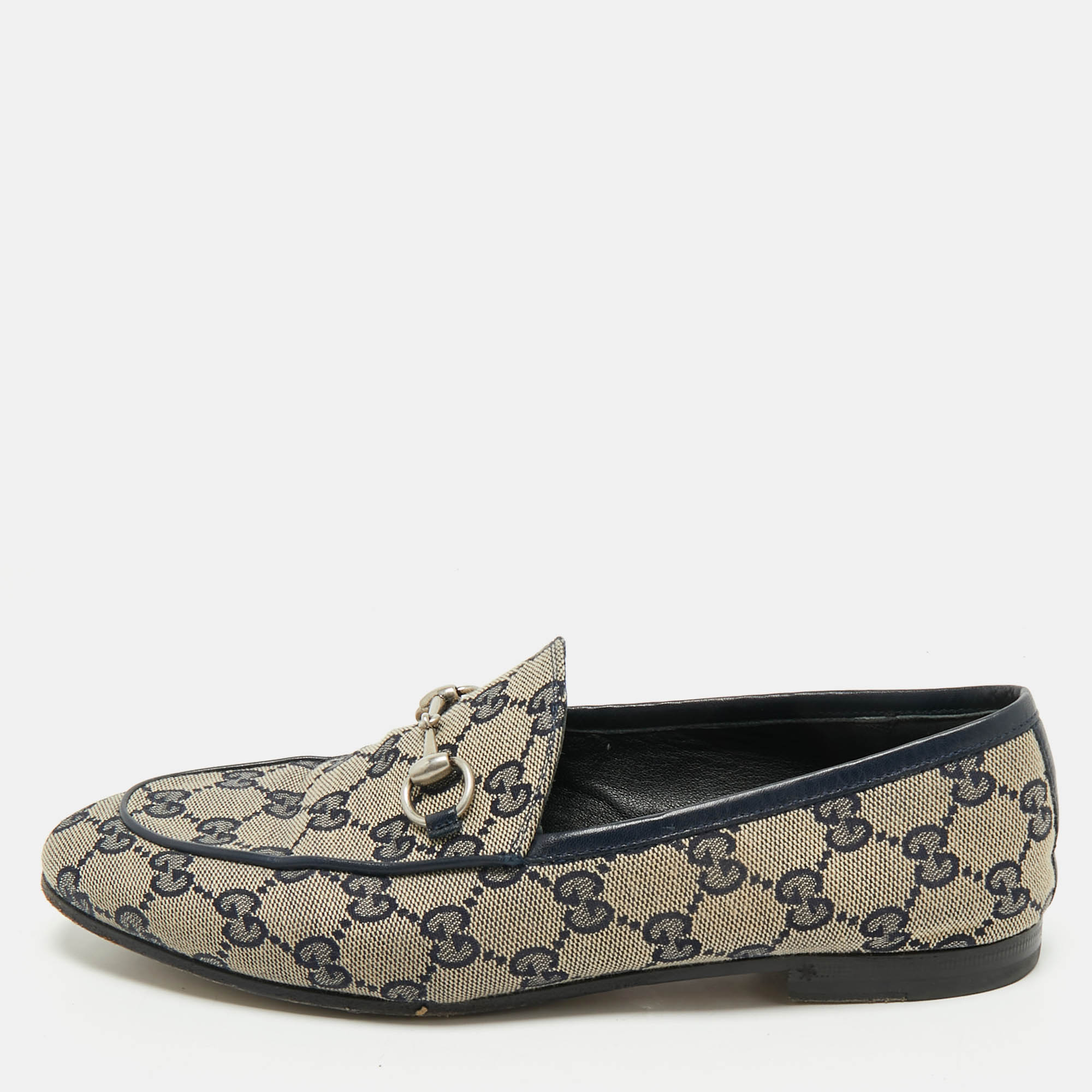 Pre-owned Gucci Beige/blue Gg Canvas And Leather Jordaan Horsebit Loafers Size 38