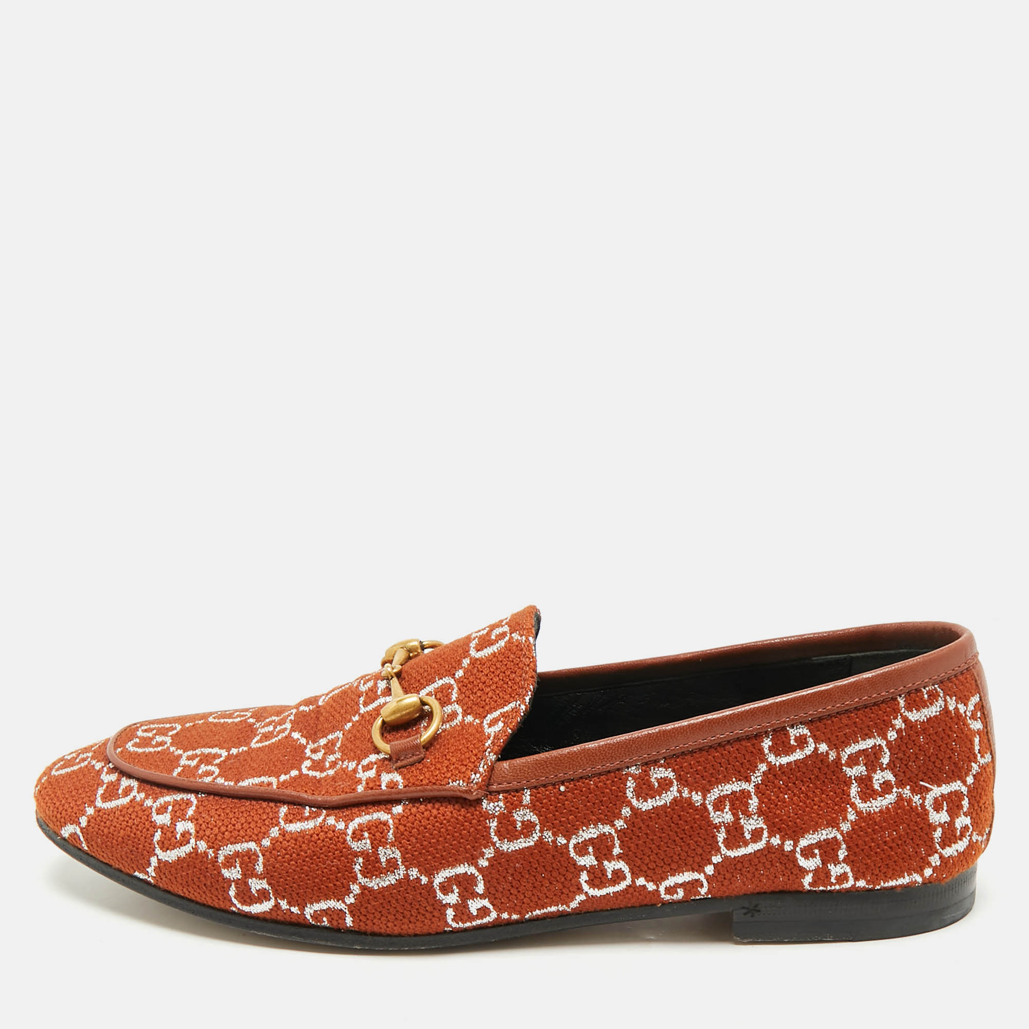 Pre-owned Gucci Brown/silver Gg Canvas And Leather Jordaan Horsebit Loafers Size 37.5