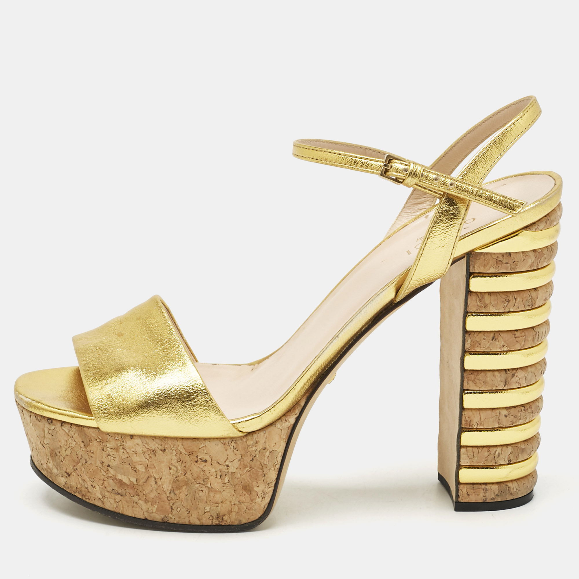 Pre-owned Gucci Gold Leather Platform Block Heel Ankle Strap Sandals Size 39