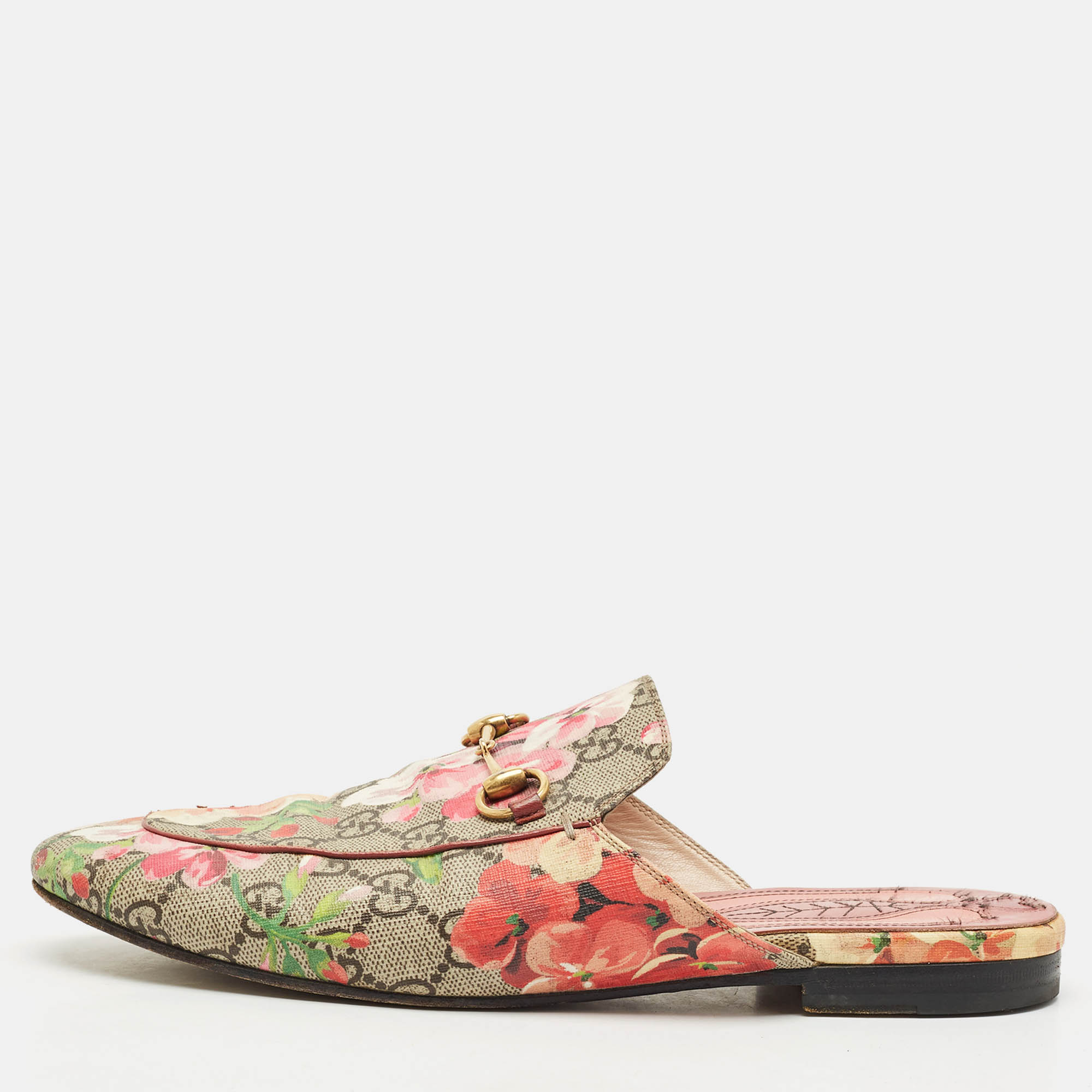 

Gucci Beige/Brown GG Supreme Canvas Blooms Print Princetown Flat Mules Size