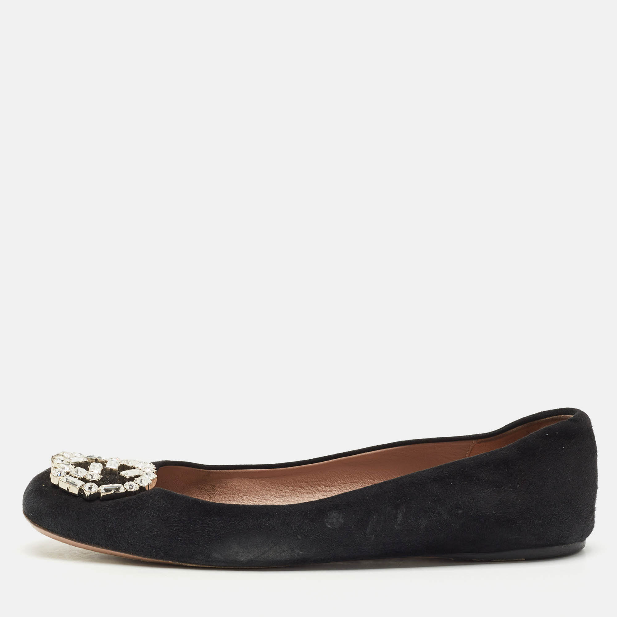 Pre-owned Gucci Black Suede Crystal Embellished Interlocking G Ballet Flats Size 37.5