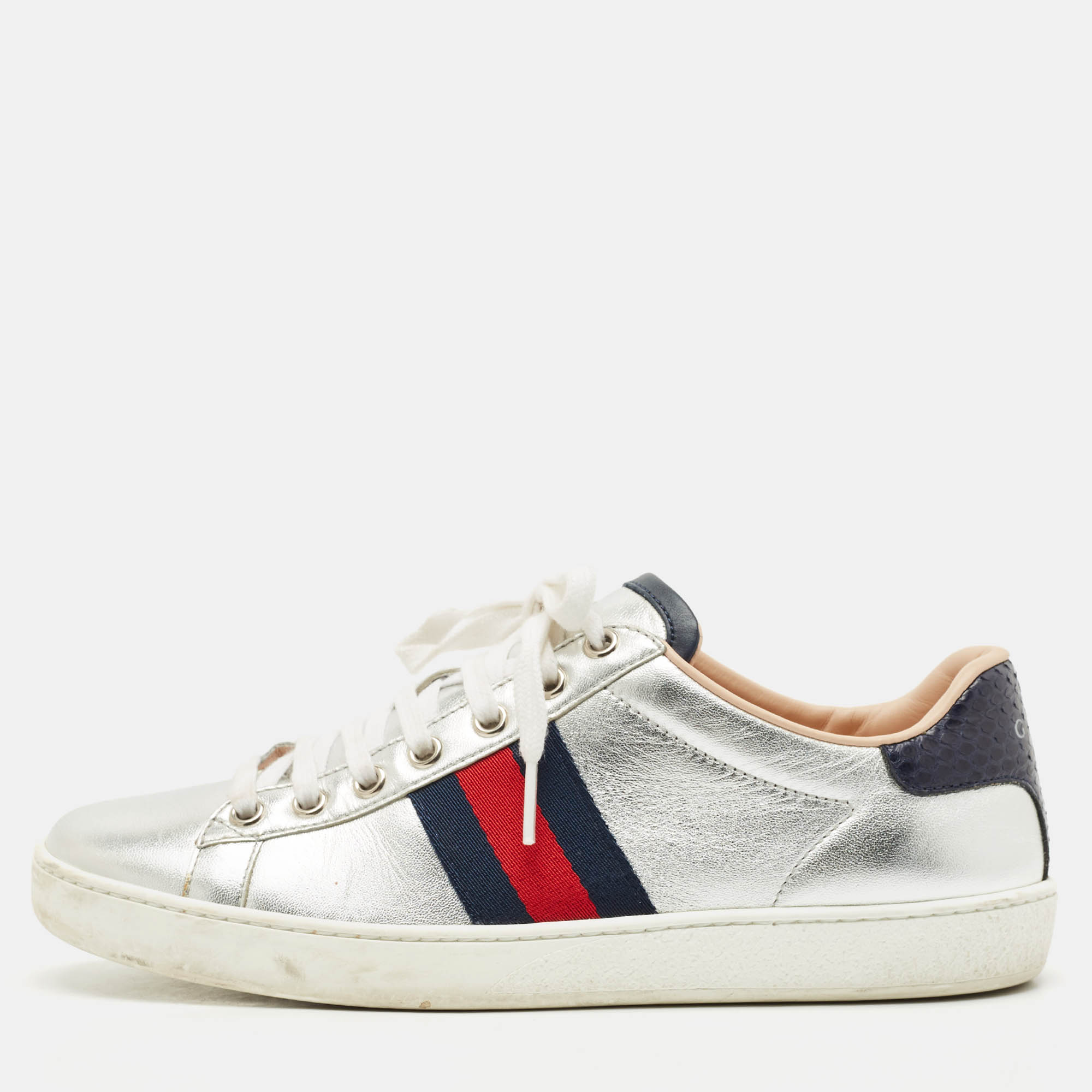 

Gucci Silver Leather Web Detail Ace Low Top Sneakers Size