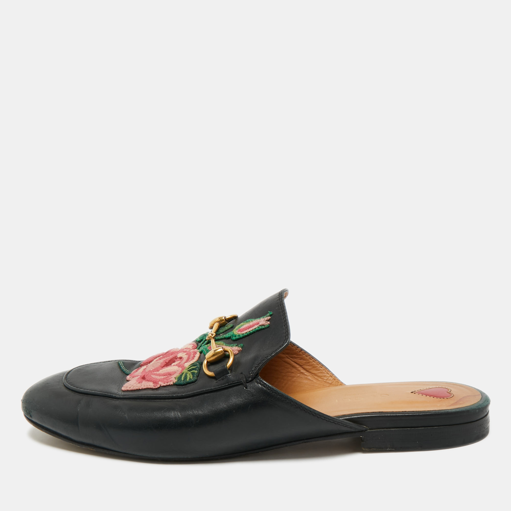 

Gucci Black Leather Rose Embroidered Princetown Flat Mules Size