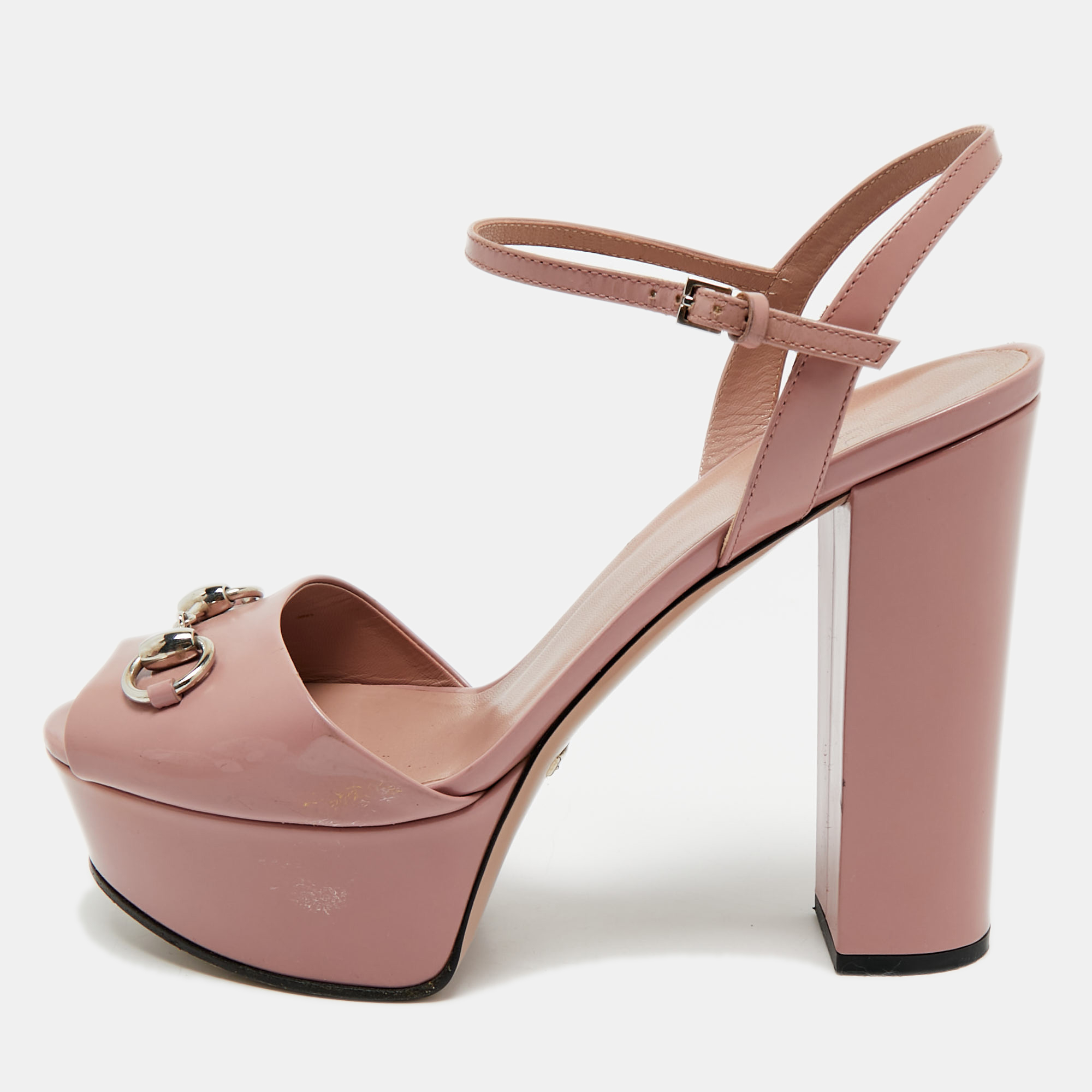 Pre-owned Gucci Pink Leather Horsebit Ankle Strap Platform Sandals Size 39