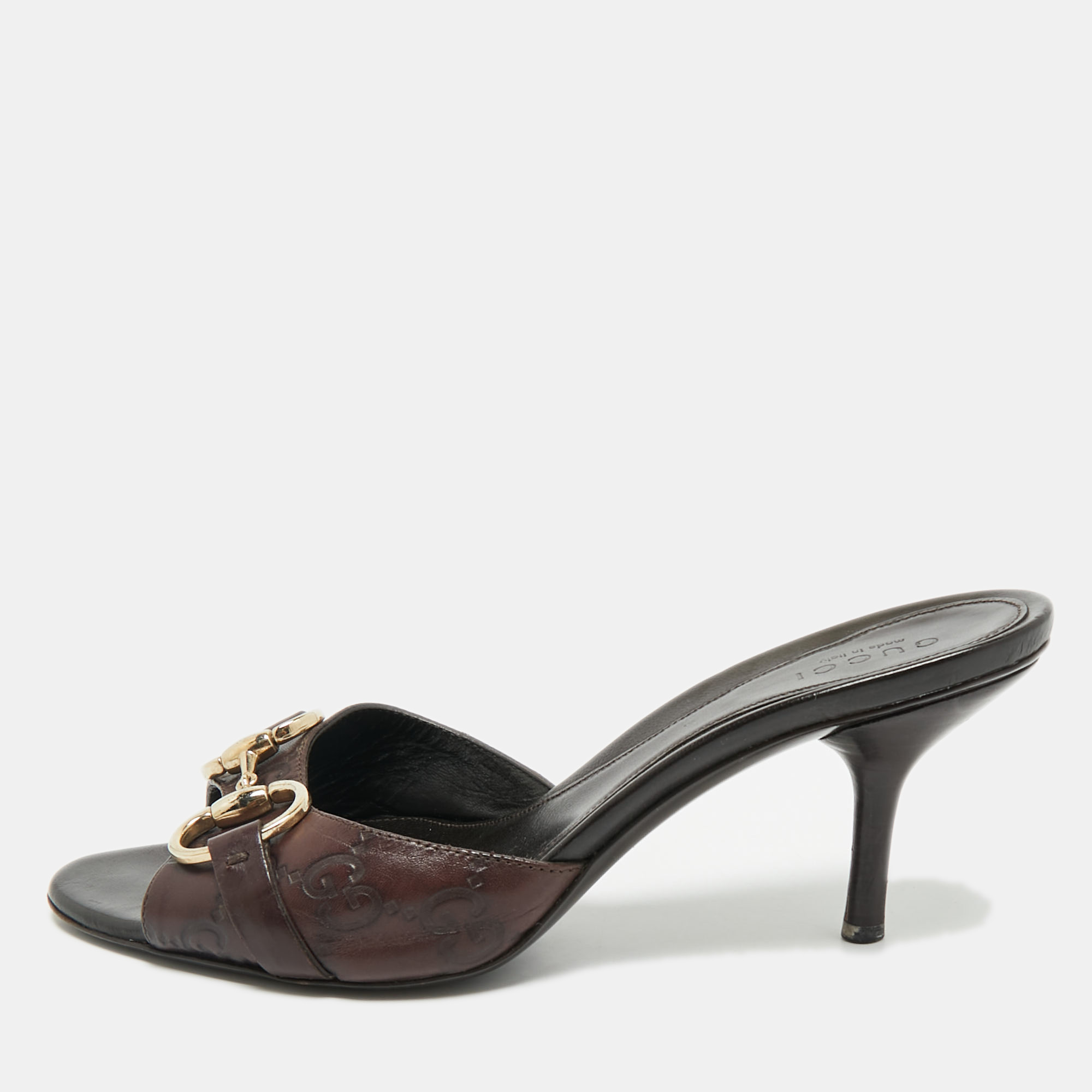 

Gucci Dark Brown Guccissima Leather New Hollywood Horsebit Mules Size