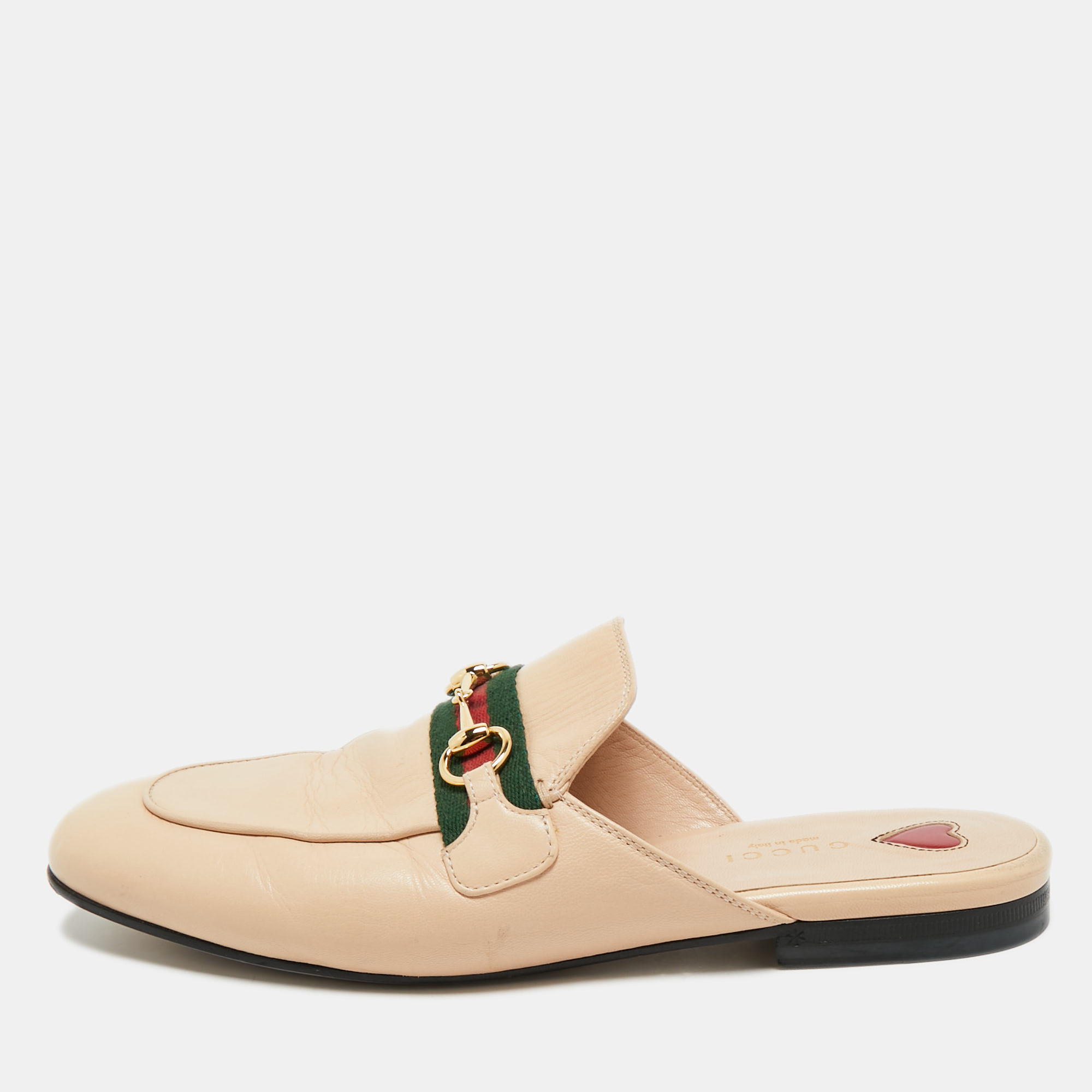 

Gucci Beige Leather Princetown Horsebit Flat Mules Size