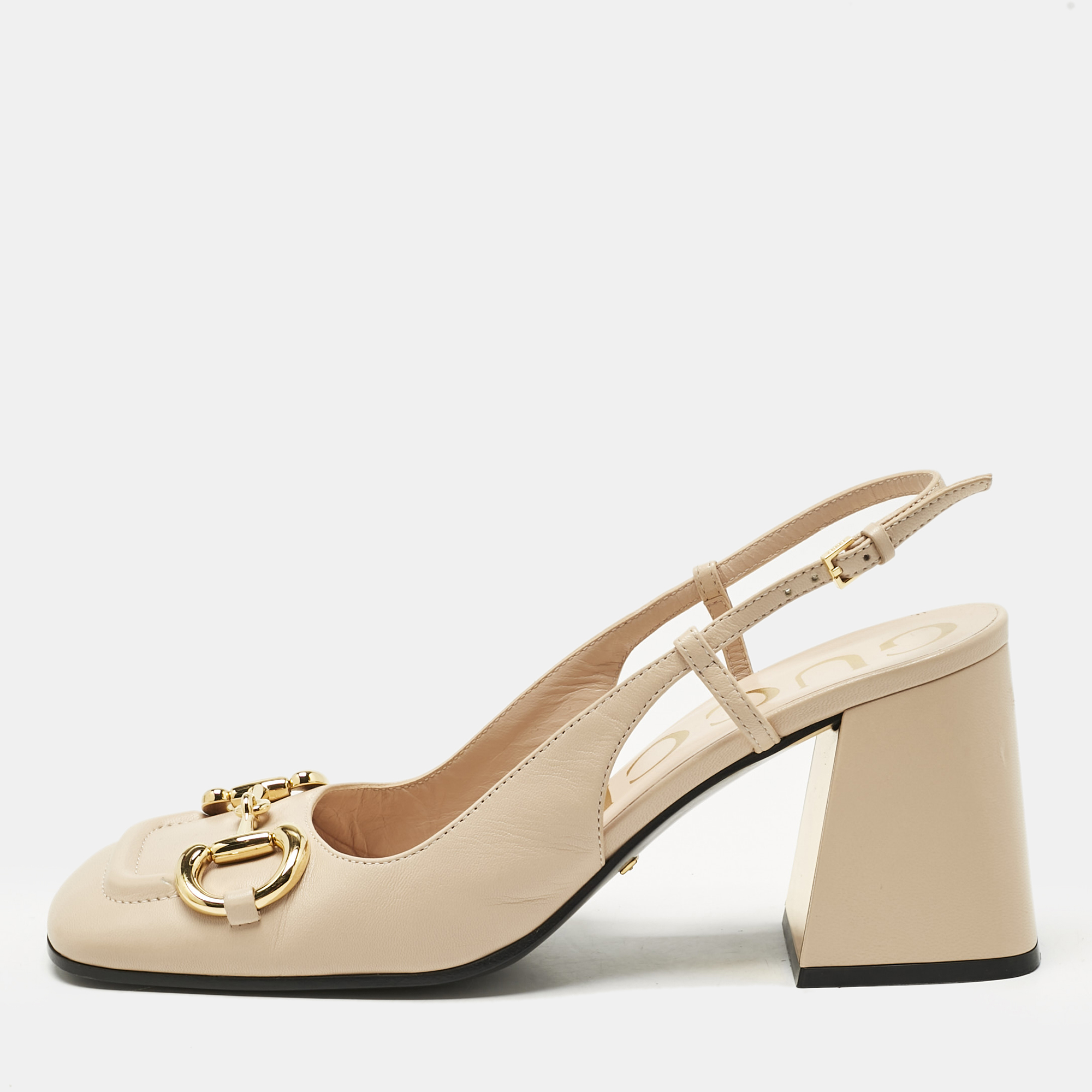 Pre-owned Gucci Beige Leather Horsebit Slingback Pumps Size 38 In Sand