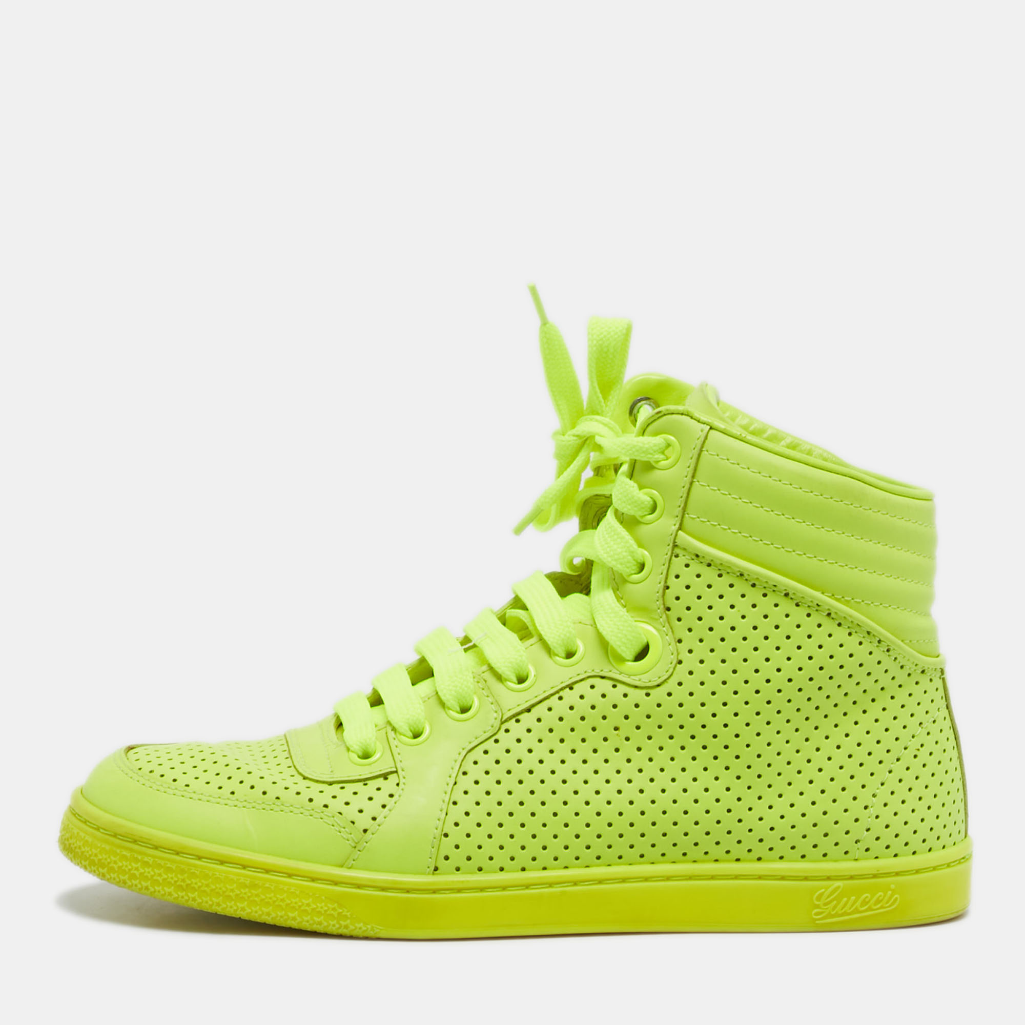 Gucci Neon Yellow Perforated Leather Coda High Top Sneakers Size 35.5