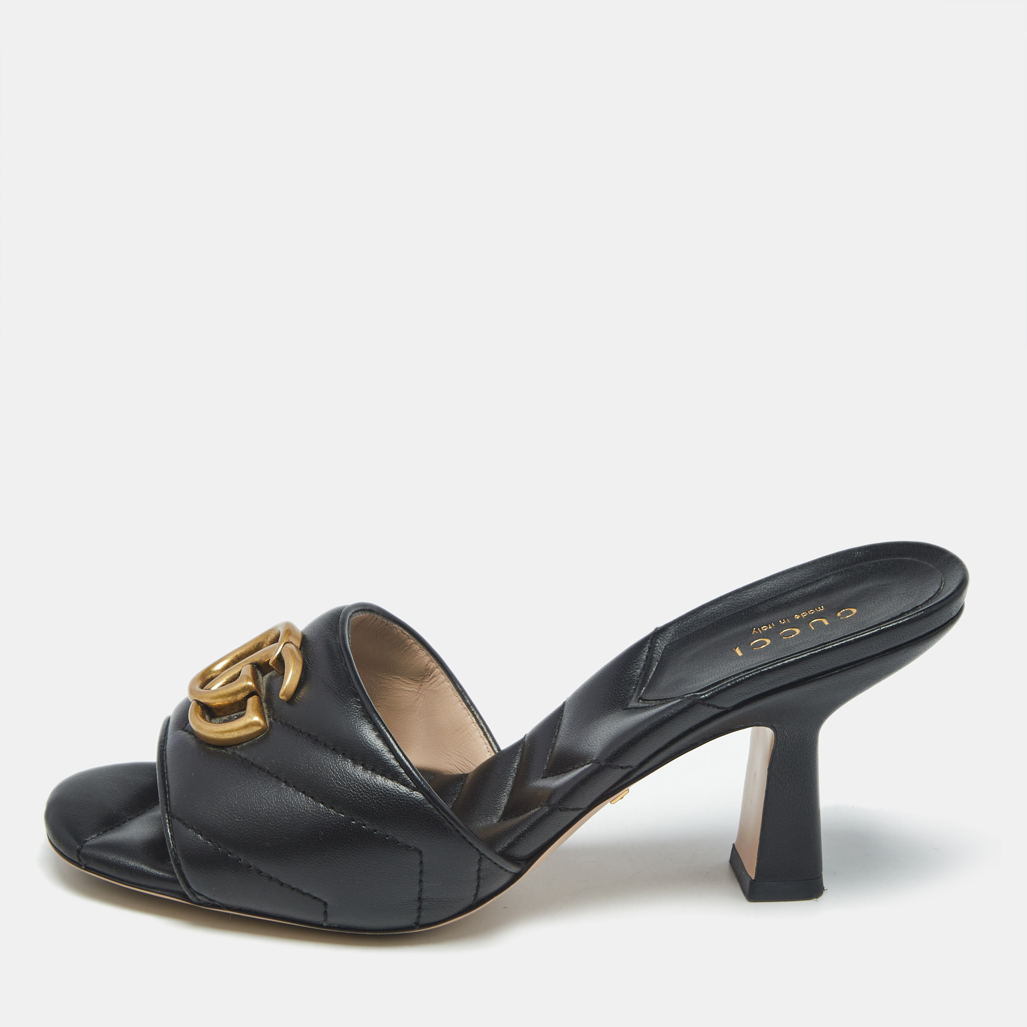 Gucci Black Matelass&eacute; Leather GG Marmont Slide Sandals Size 35.5