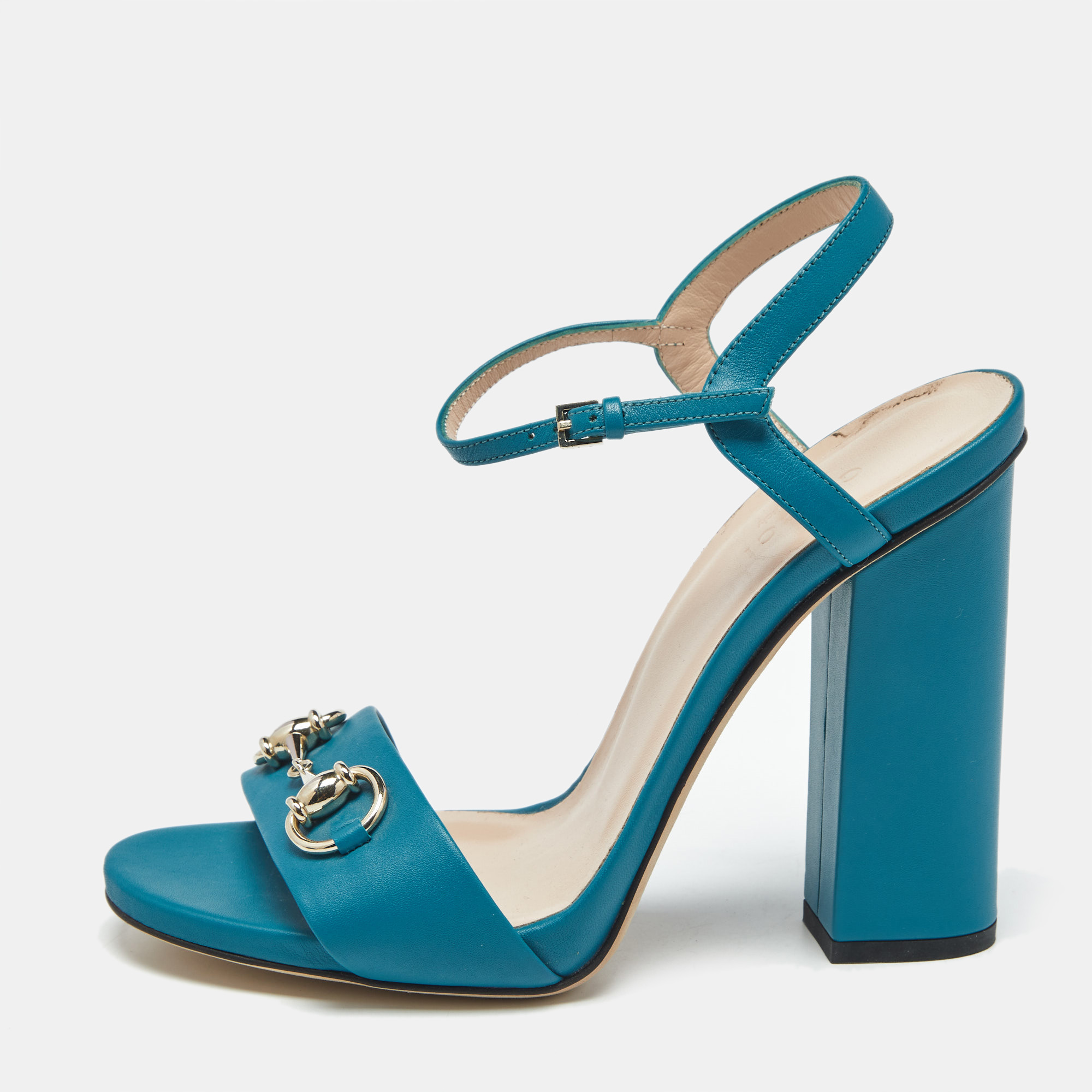 

Gucci Blue Leather Horsebit Ankle Strap Sandals Size