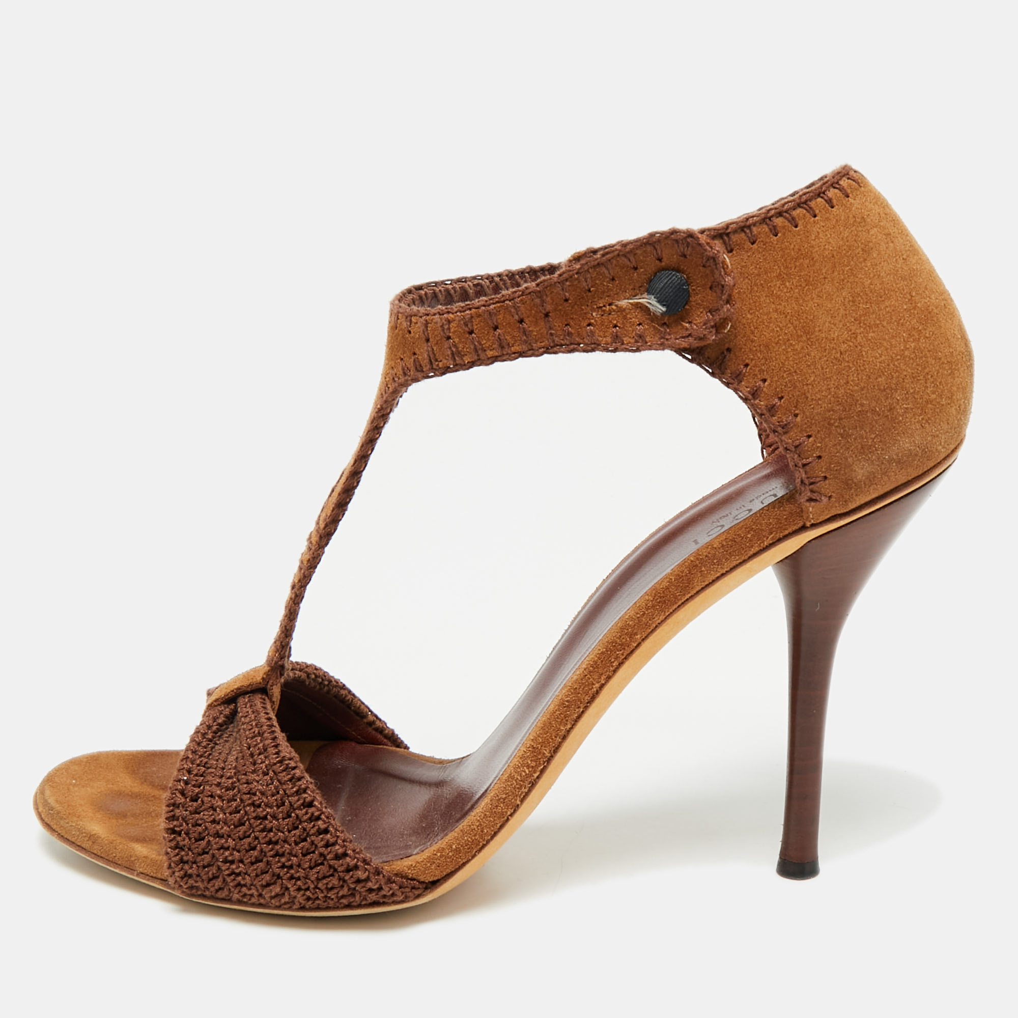 

Gucci Dark Brown Suede and Knit Fabric T-Strap Sandals Size