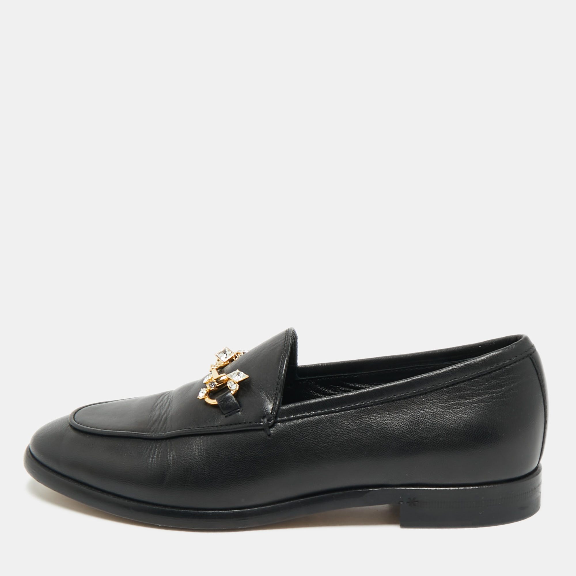 

Gucci Black Leather Jordaan Crystal Embellished Loafers Size