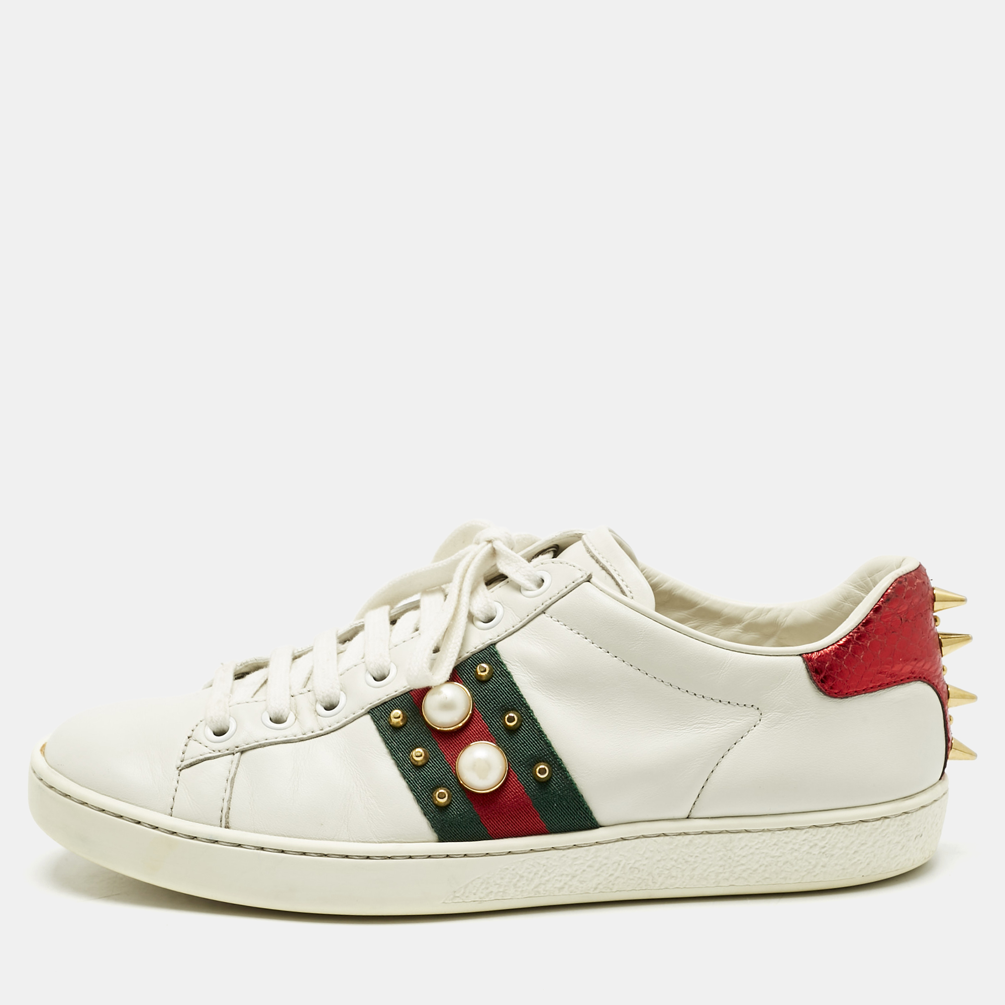 

Gucci White Leather Pearl Studded Ace Sneakers Size