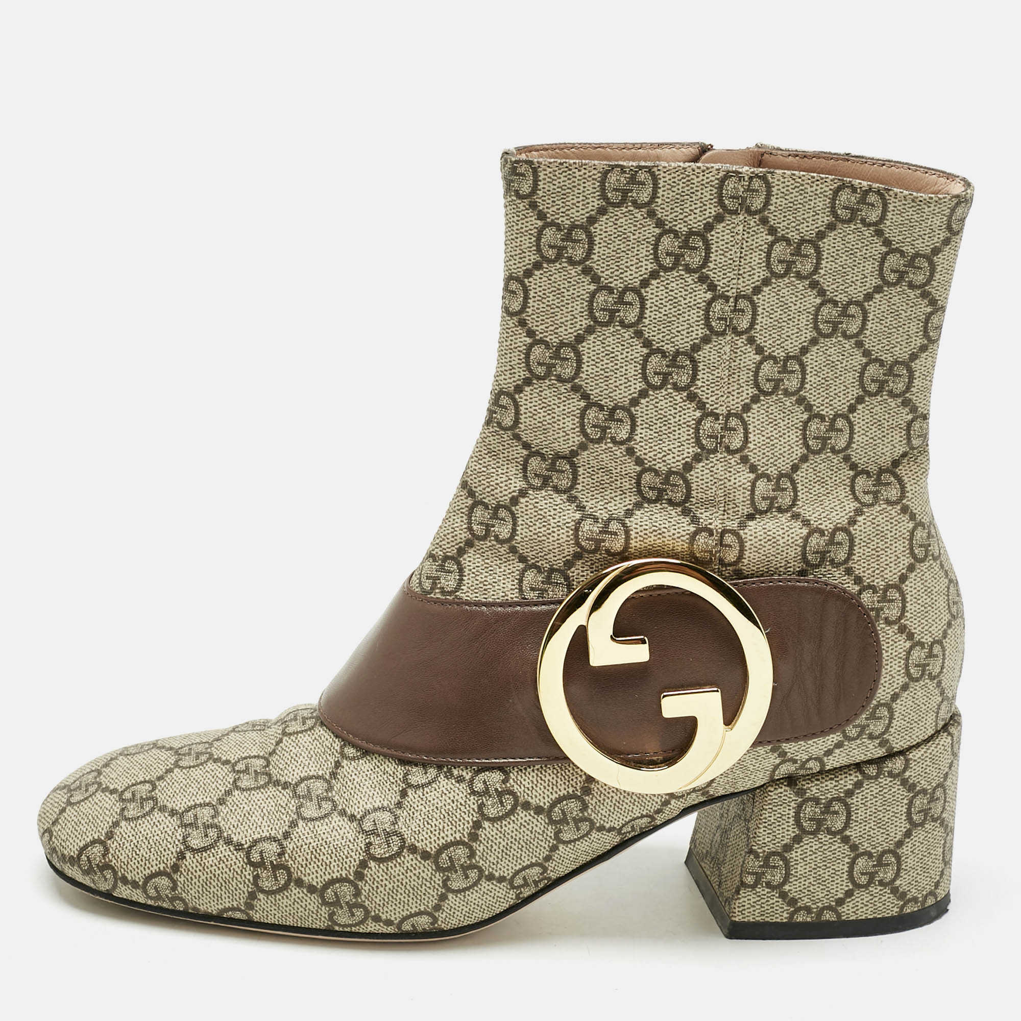 Pre-owned Gucci Beige/brown Gg Supreme Canvas And Leather Blondie Ankle Boots Size 38 In Sand