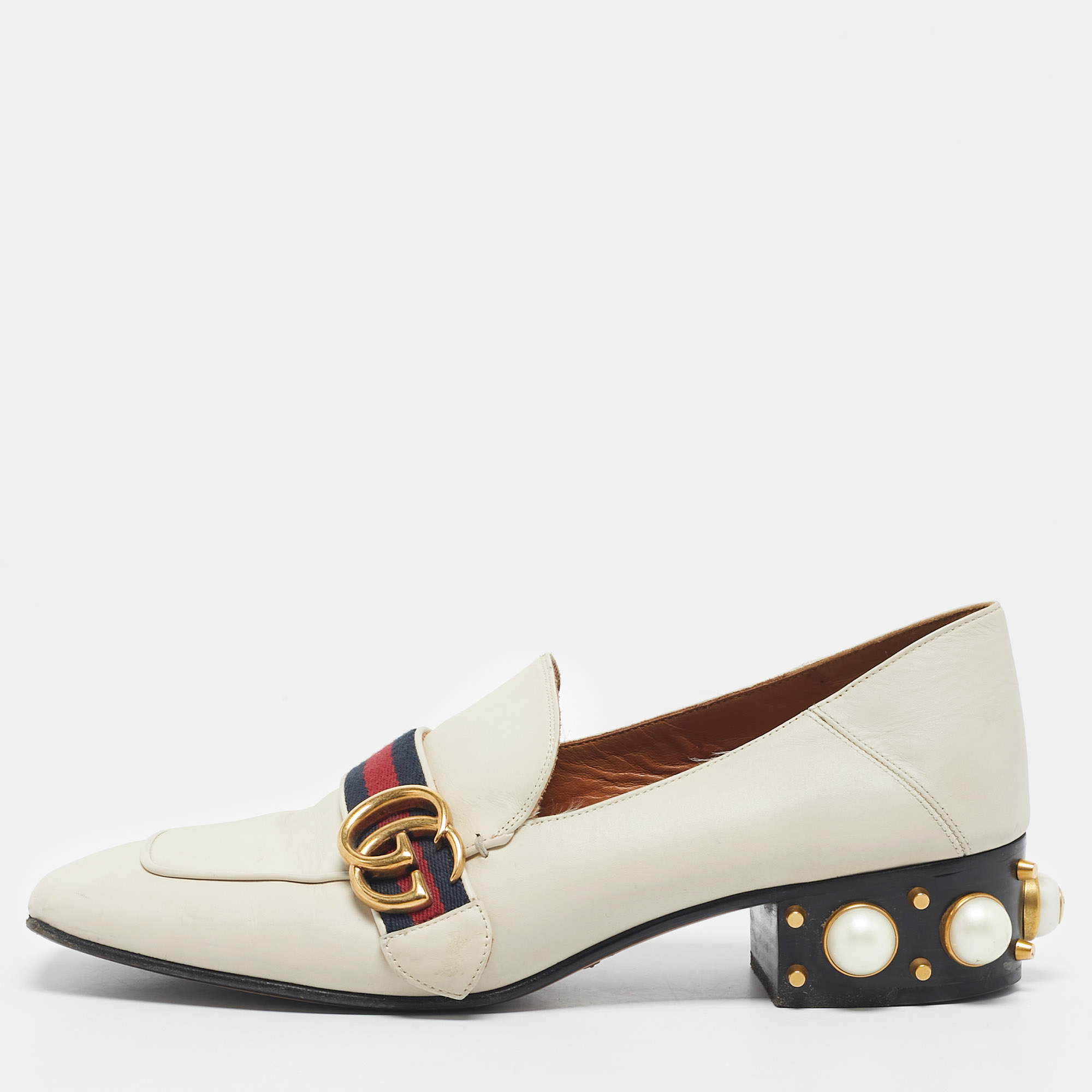 

Gucci Ivory Leather Peyton Pearl Embellished Loafers Size, White