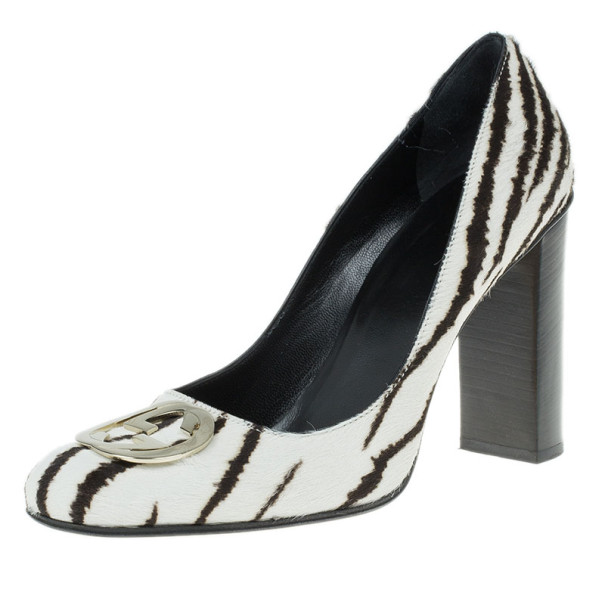 Pre Owned Gucci Zebra Pony Hair GG Pumps Size 38.5