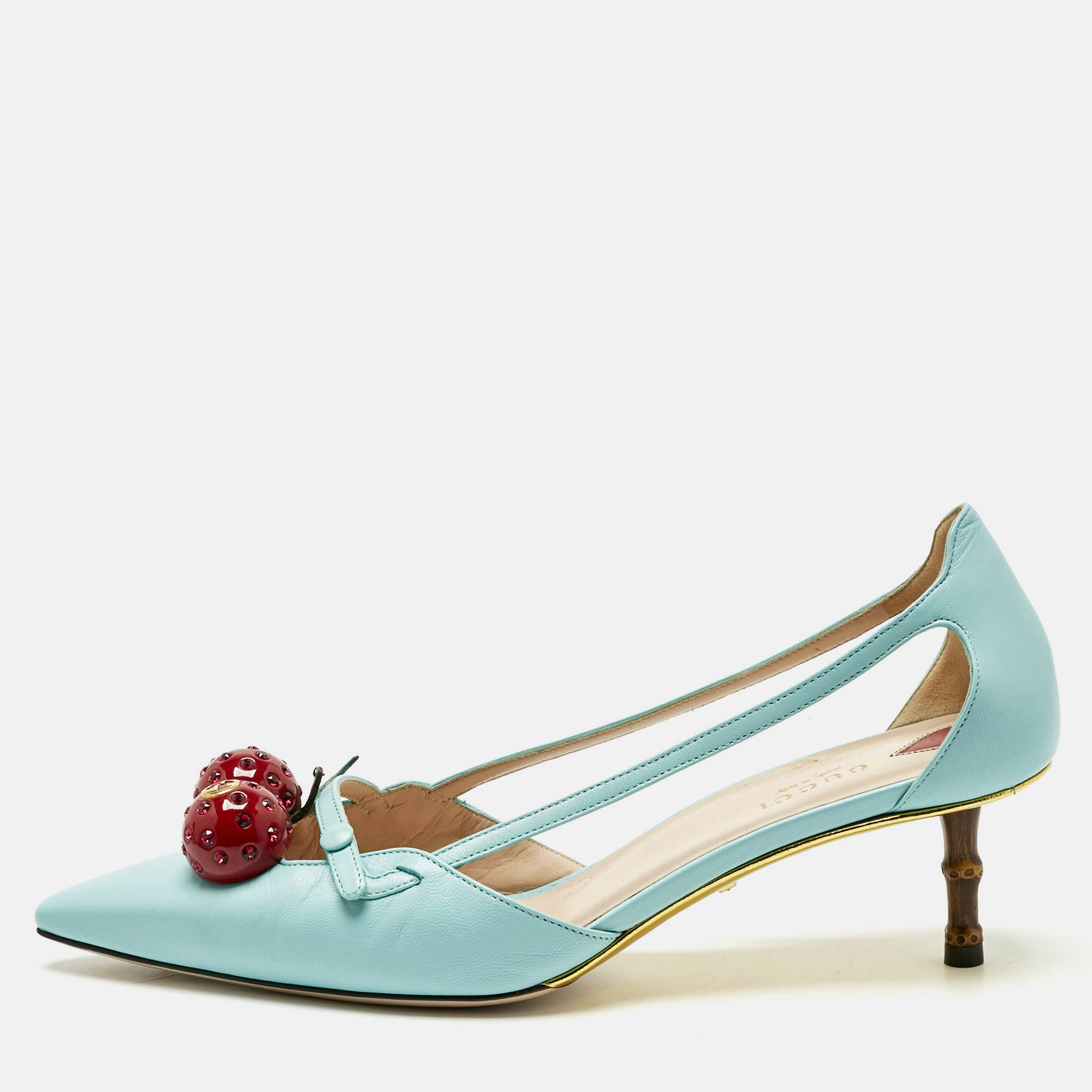 

Gucci Blue Leather Unia Cherry Bamboo Pumps Size