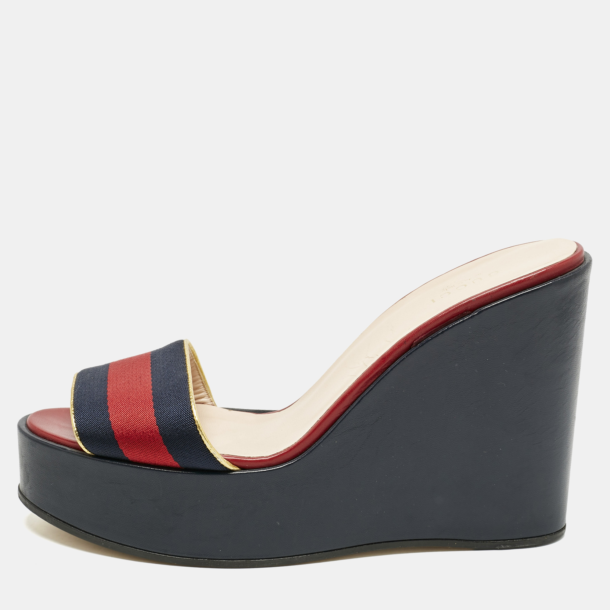 Pre-owned Gucci Multicolor Gg Canvas And Leather Wedge Sandals Size 39.5