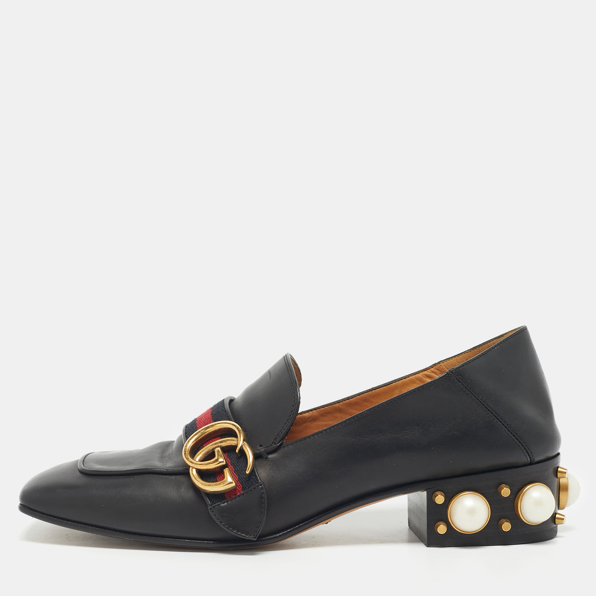 

Gucci Black Leather Peyton GG Sylvie Pearl Studded Loafer Size