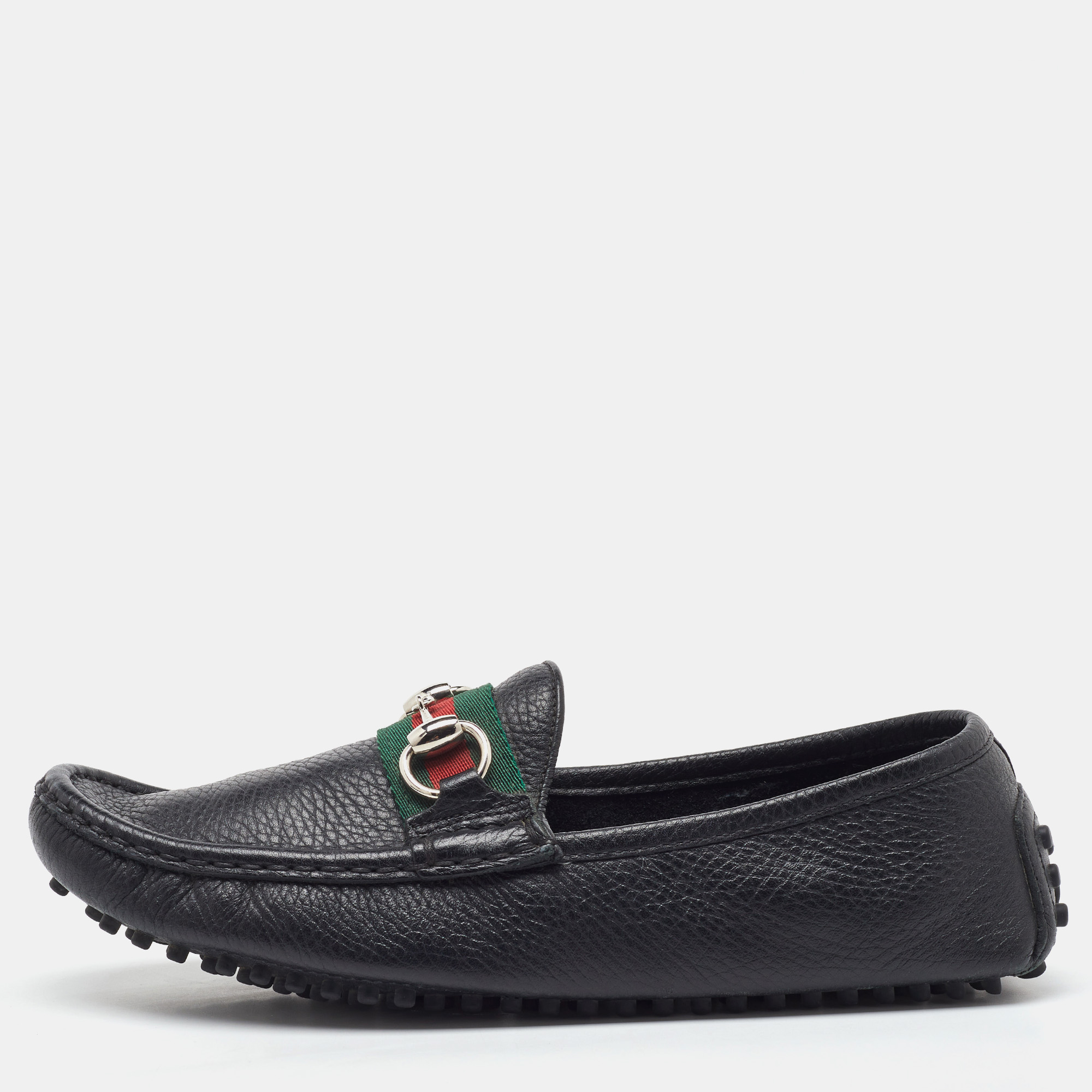 

Gucci Black Leather Web Horsebit Slip On Loafers Size