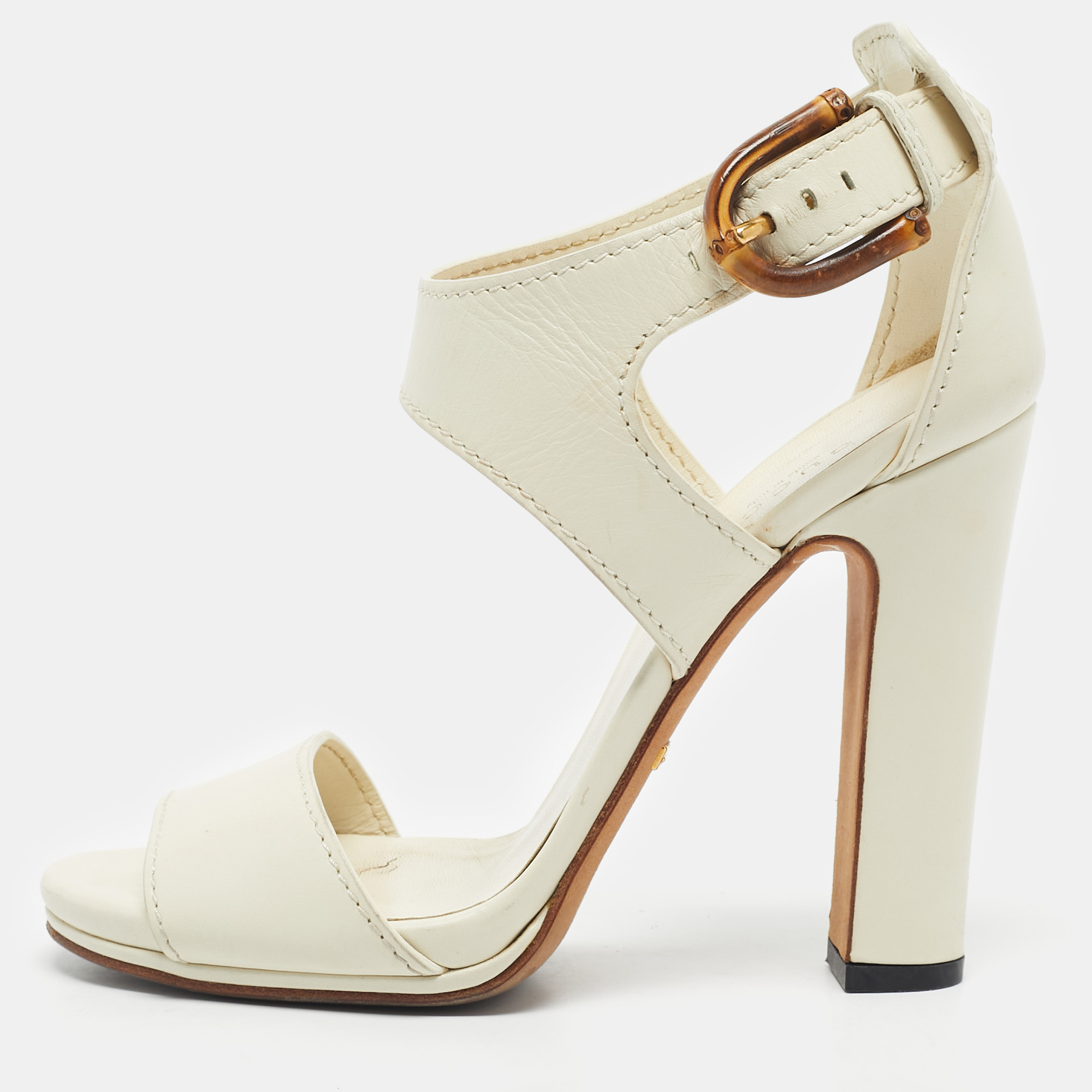 Pre-owned Gucci Cream Leather Lifford Bamboo Buckle Block Heel Sandals Size 37.5 In White