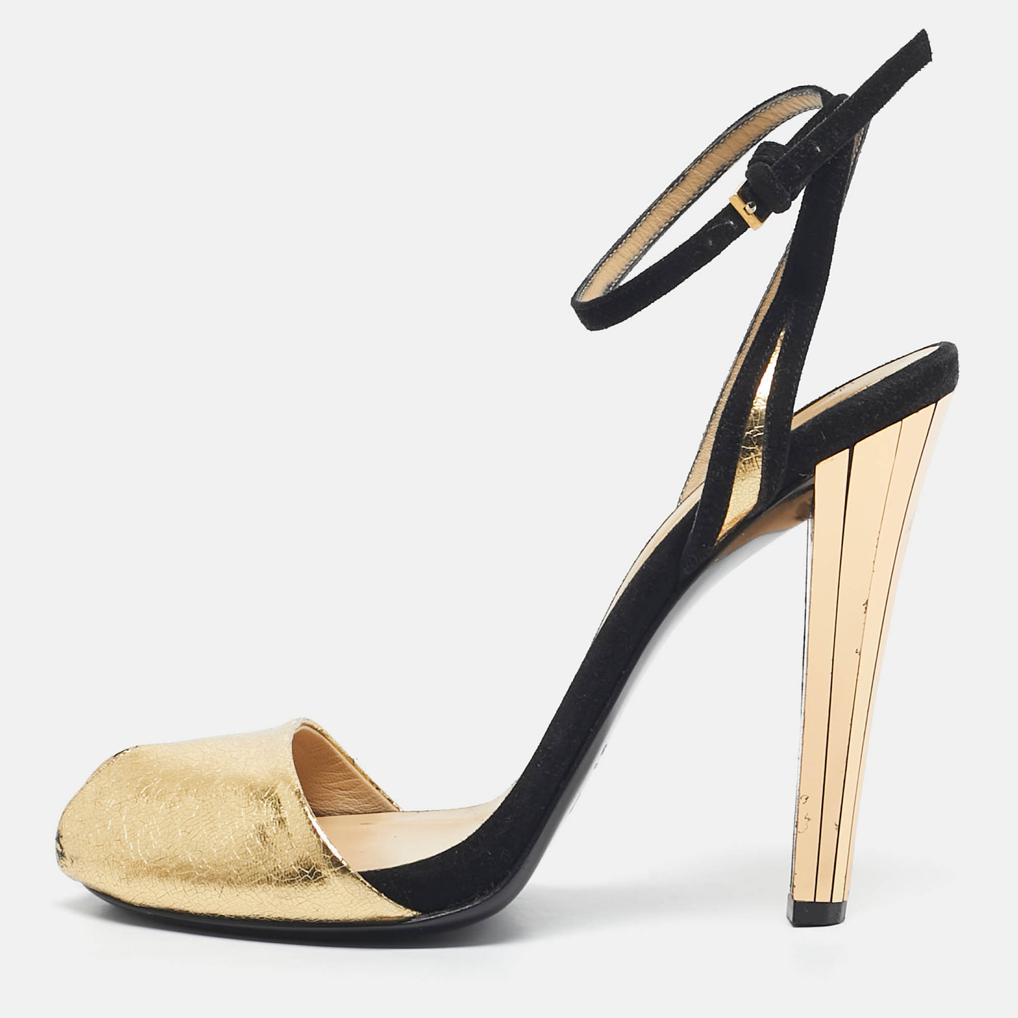 Pre-owned Gucci Gold/black Leather And Suede Delphine Ankle Strap Sandals Size 37.5