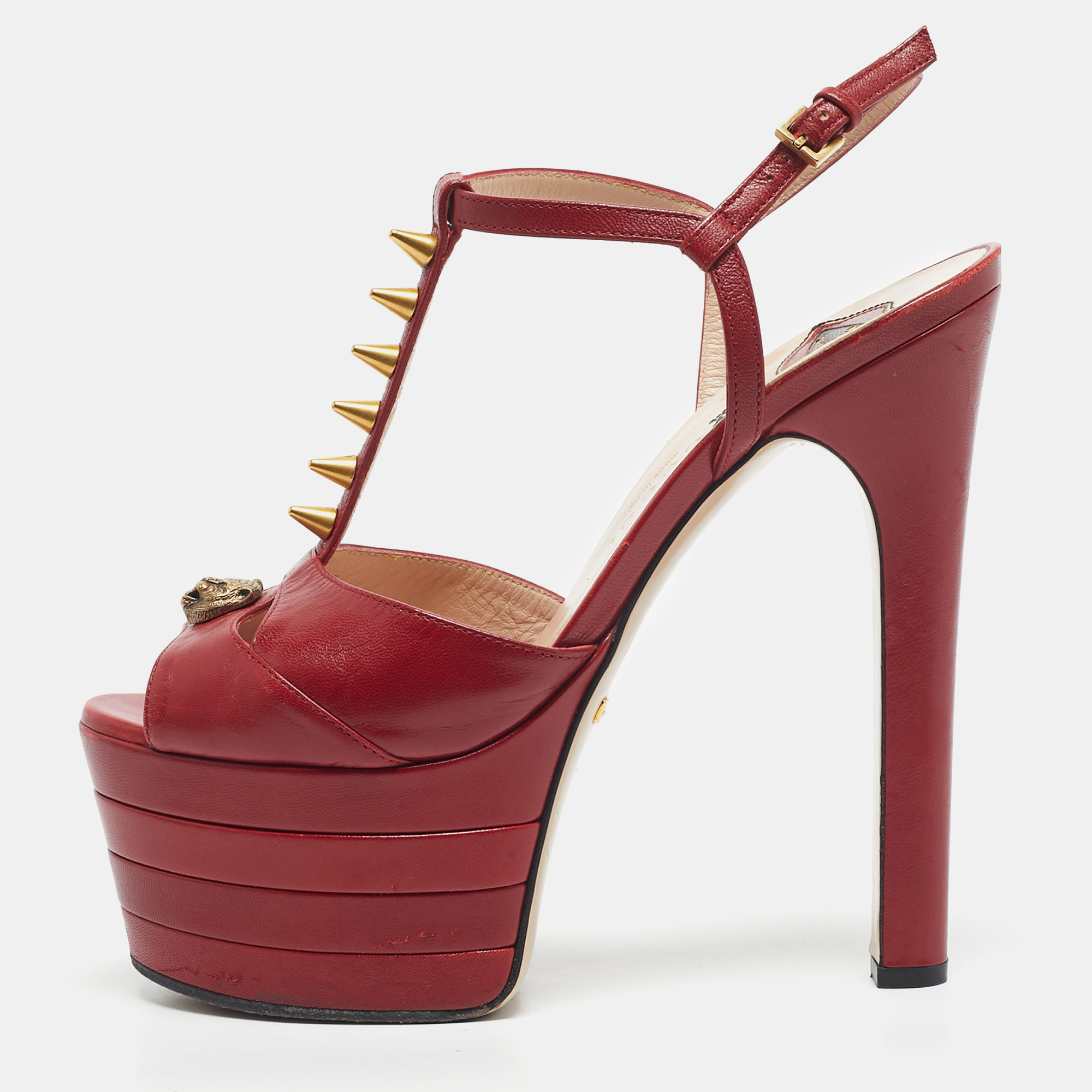 

Gucci Red Leather Studded Angel Platform Ankle Strap Sandals Size