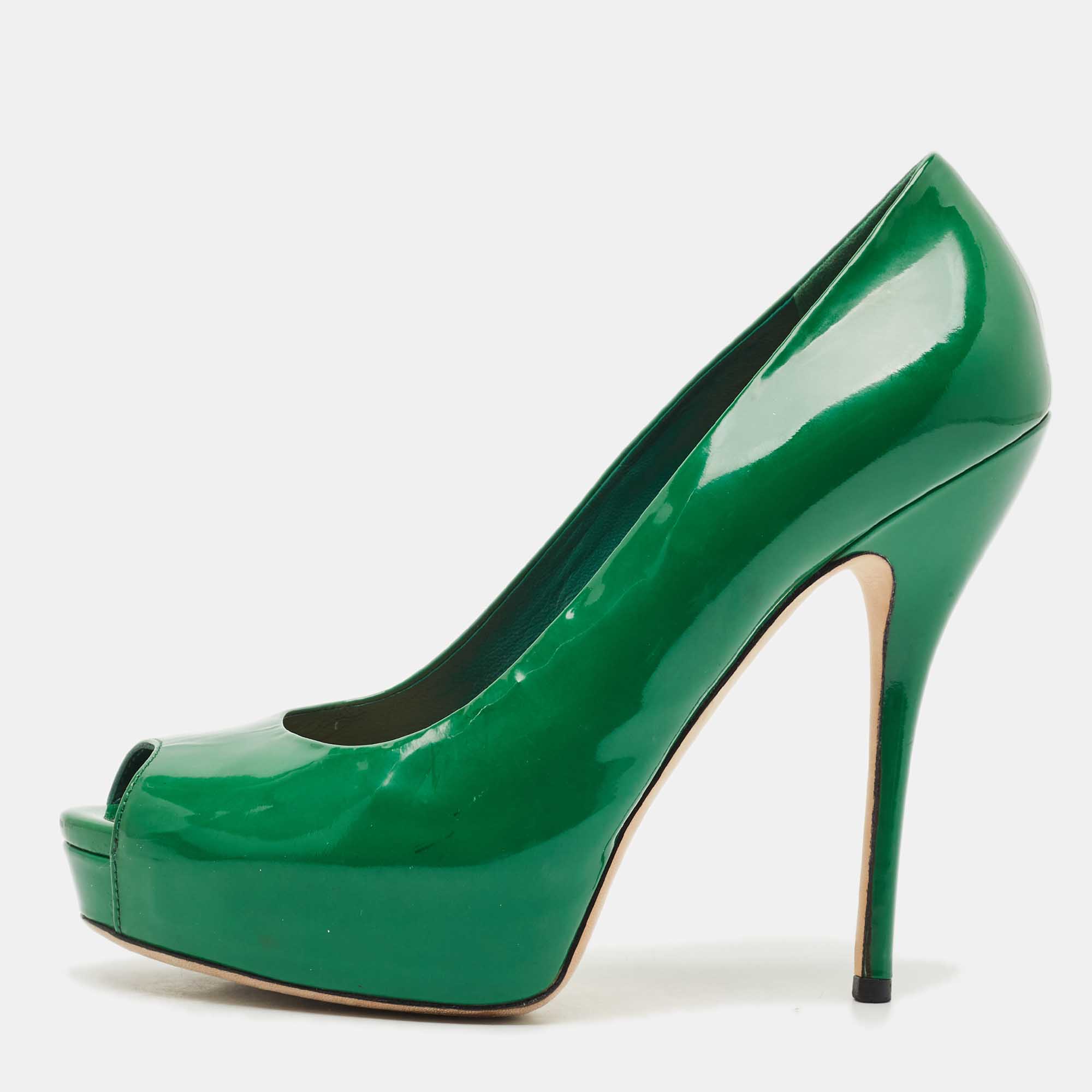 

Gucci Green Patent Leather Peep Toe Platform Pumps Size