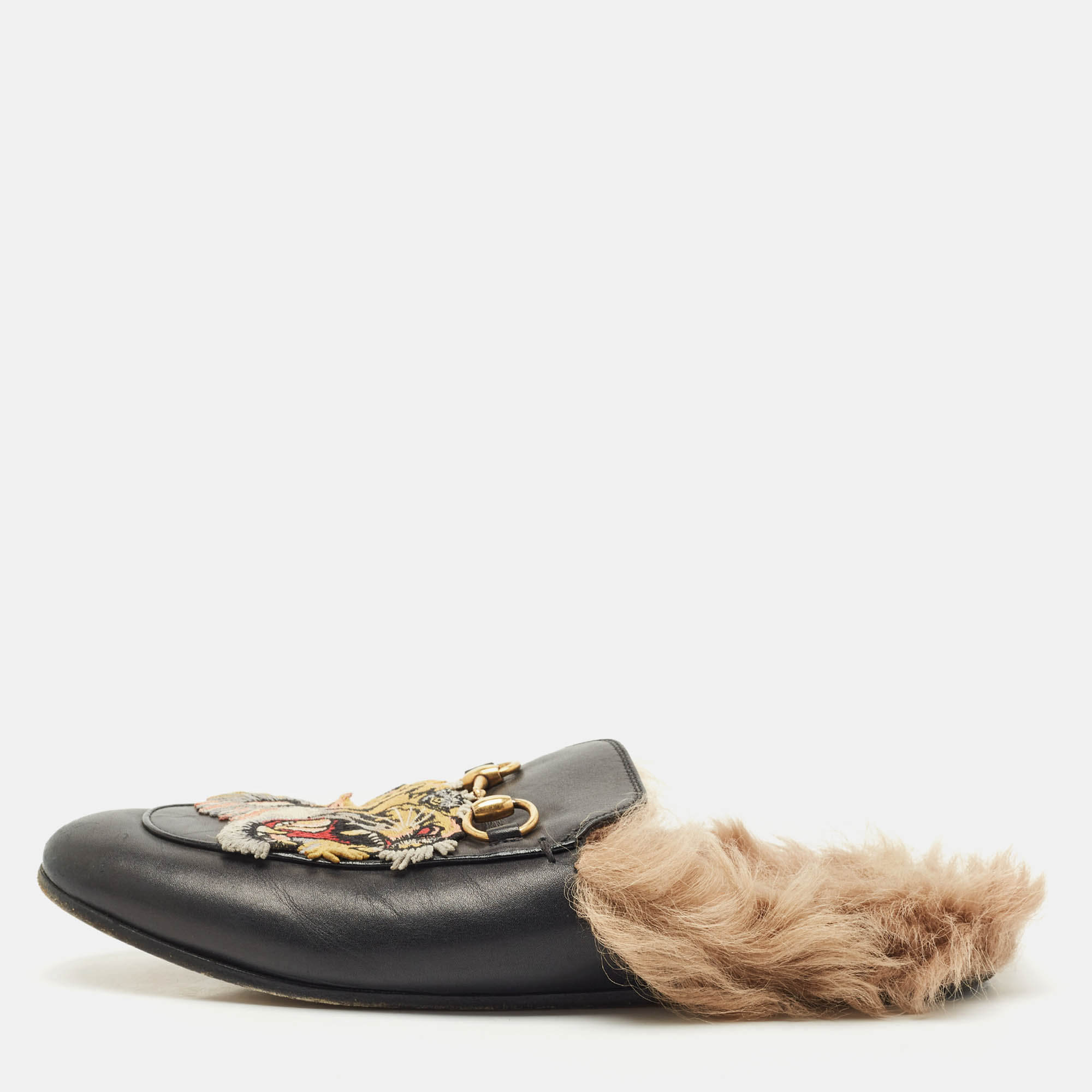 Pre-owned Gucci Black Tiger Embroidered Leather And Fur Princetown Horsebit Mule Sandals Size 37
