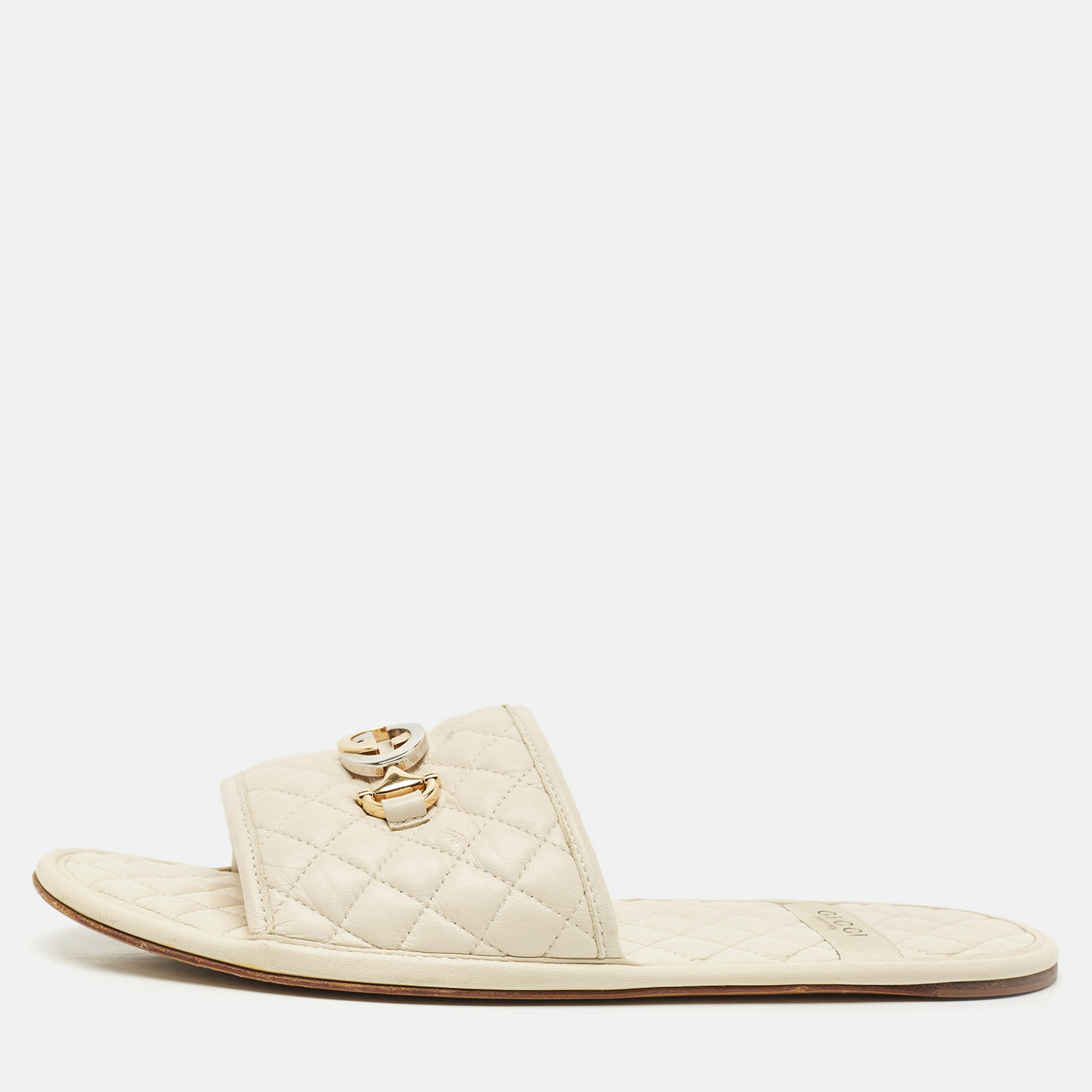 

Gucci Cream Leather GG Logo Flat Slides Size