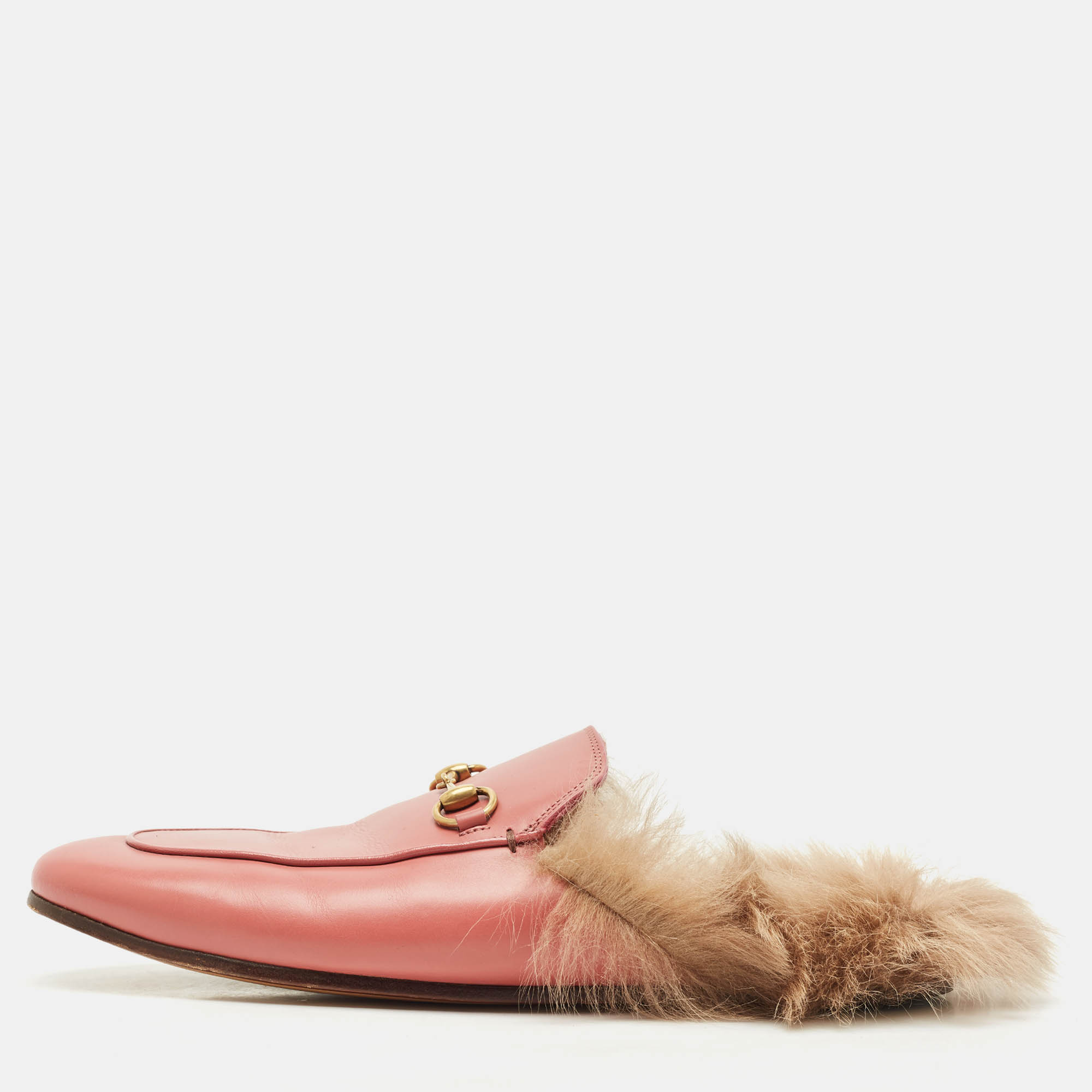 Pre-owned Gucci Pink Leather And Fur Princetown Sandals Size 40