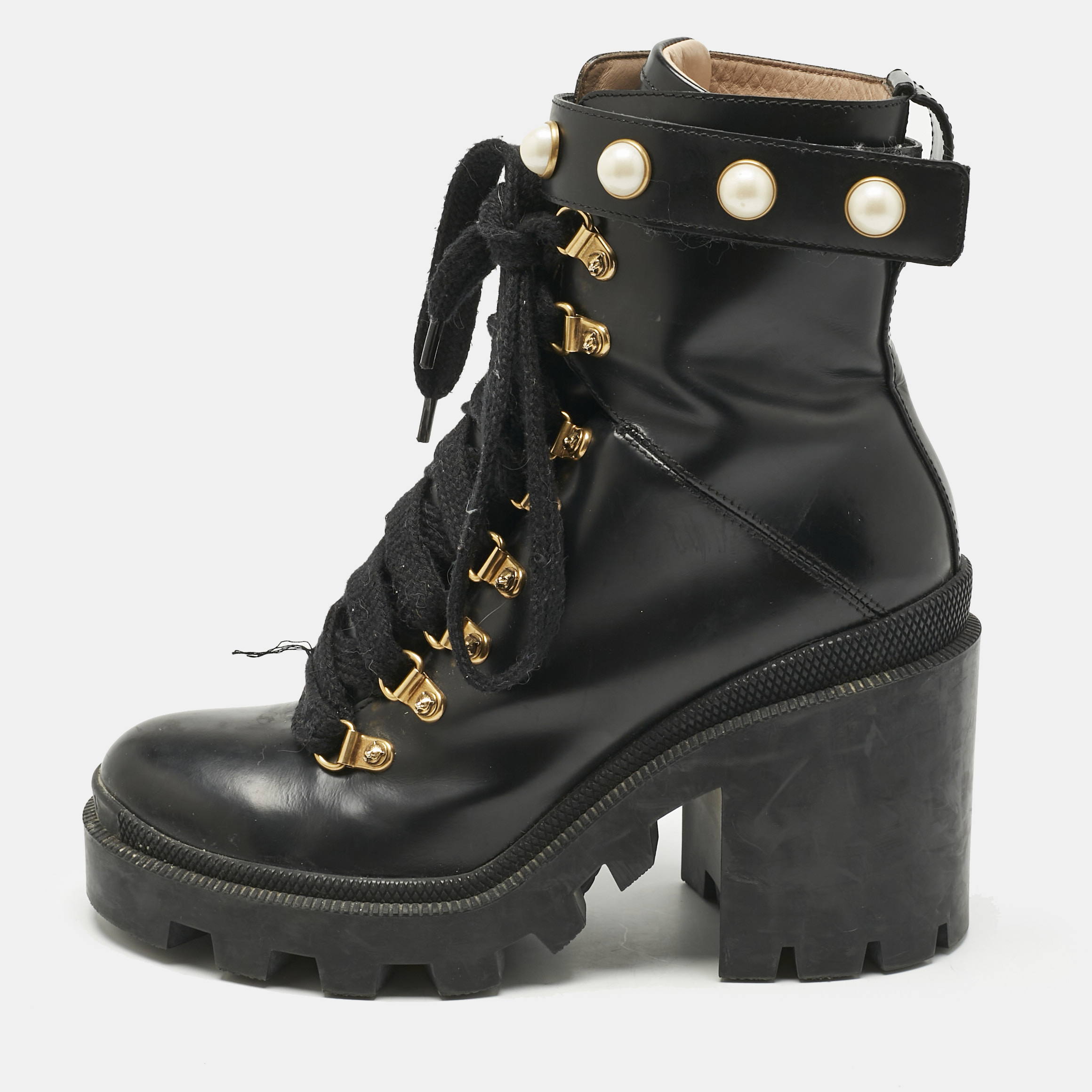 Gucci Black Leather Faux Pearl Embellished Trip Ankle Length Boots Size 36