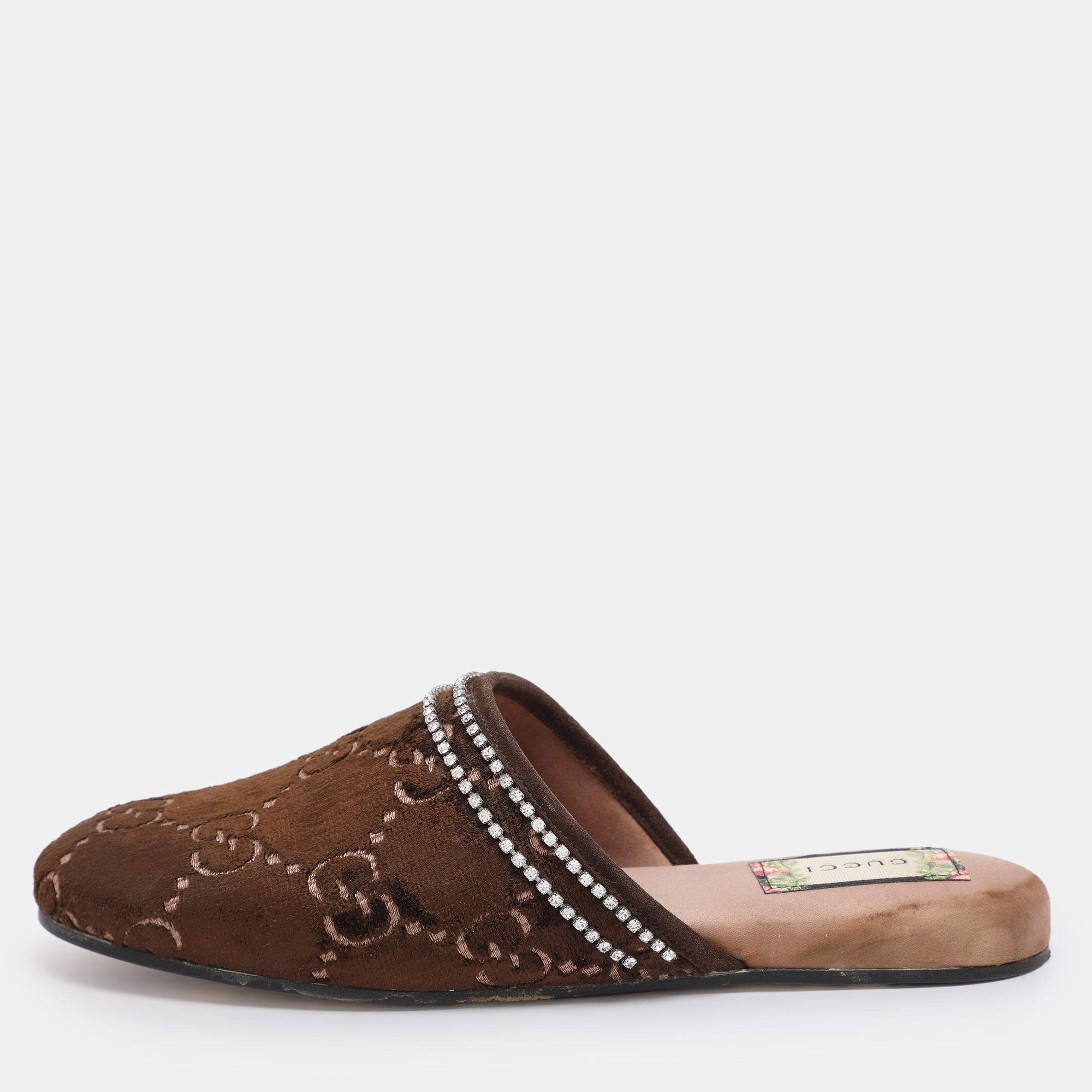 

Gucci Brown GG Velvet Crystal Embellished Mules Size 39