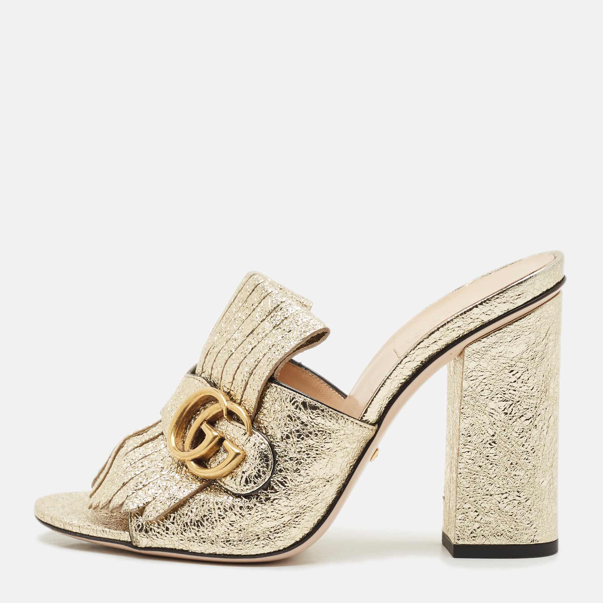 

Gucci Gold Crinkled Leather Marmont GG Fringe Mule Sandals Size