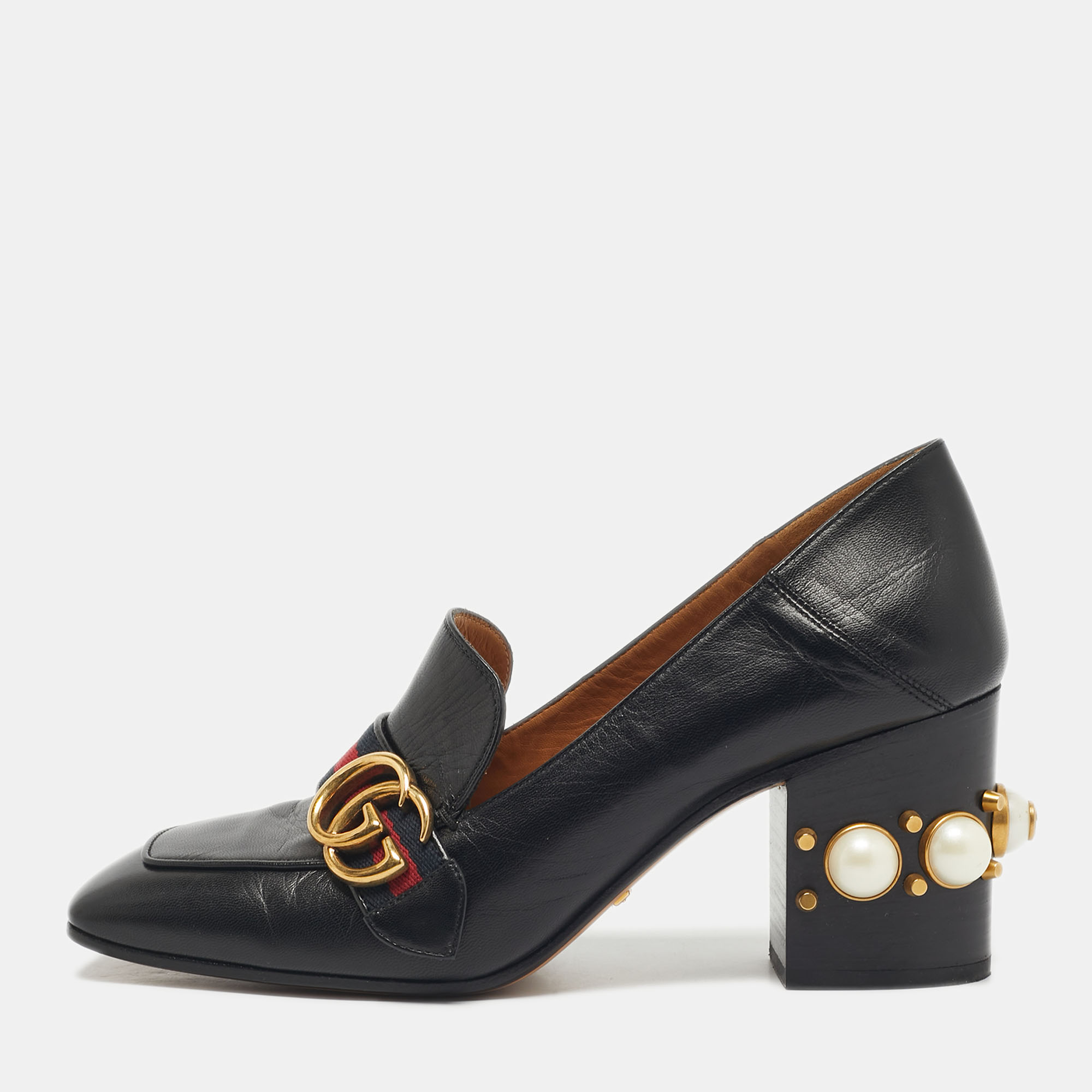 

Gucci Black Leather GG Marmont Pearl Embellished Pumps Size