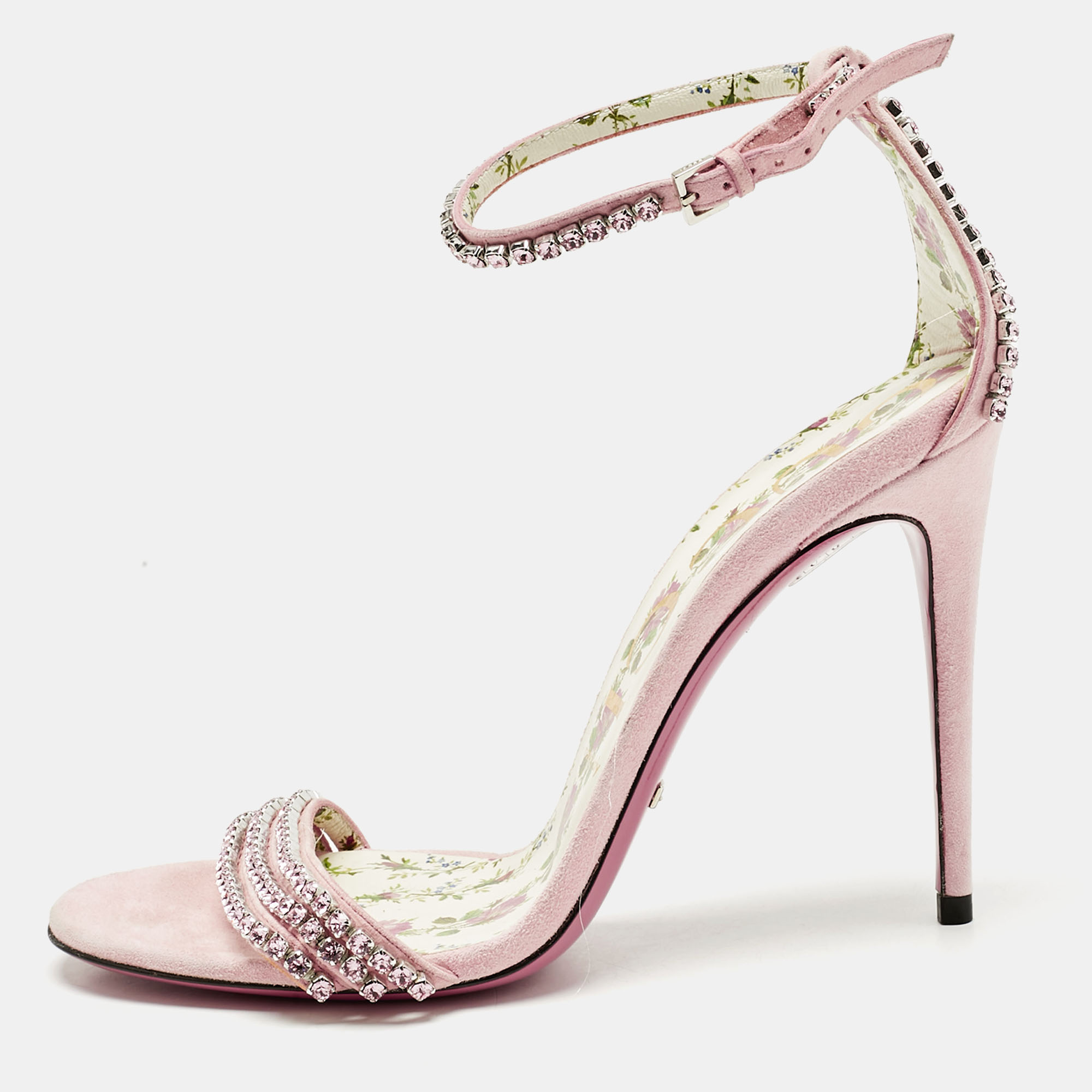 

Gucci Pink Suede Crystal Embellished Ankle Strap Sandals Size