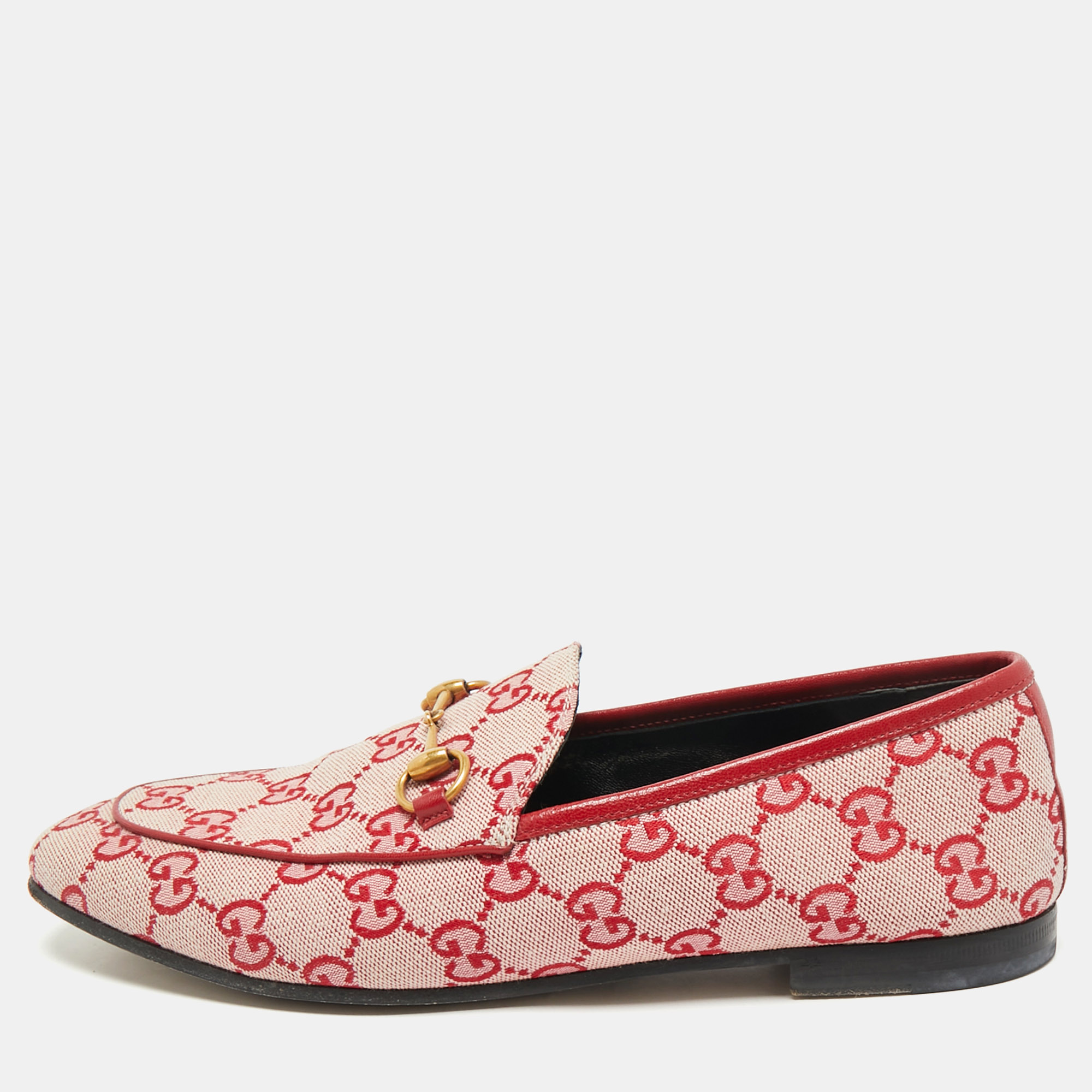 Pre-owned Gucci Red/pink Gg Canvas And Leather Jordaan Horsebit Loafers Size 38.5