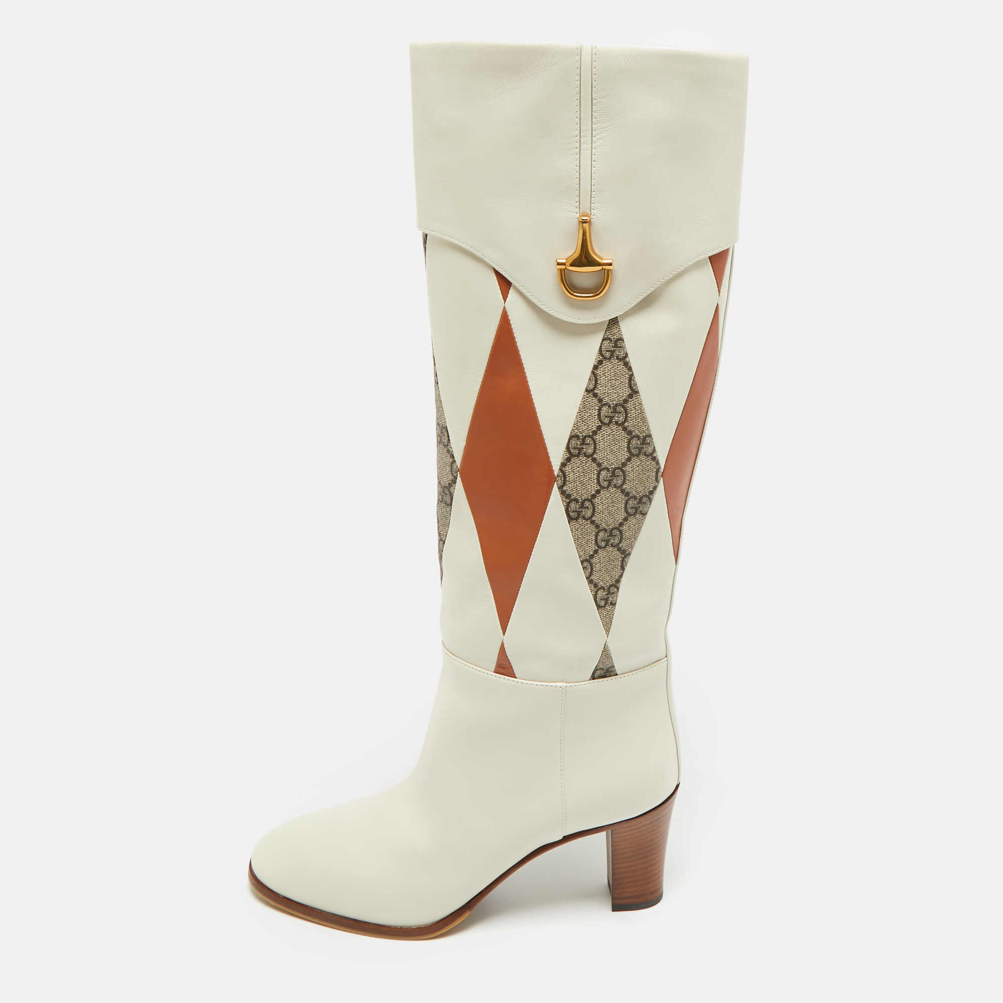 Pre-owned Gucci Multicolor Leather And Gg Supreme Canvas Knee Length Boots Size 38.5