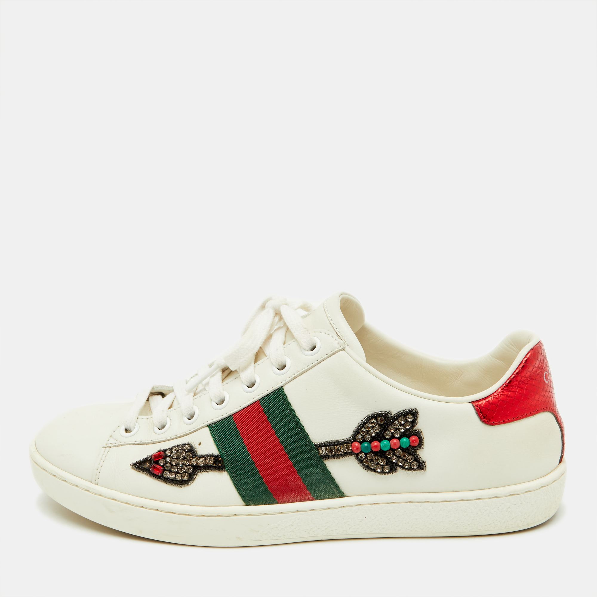Gucci White Leather Arrow Embellished Ace Sneakers Size 36.5