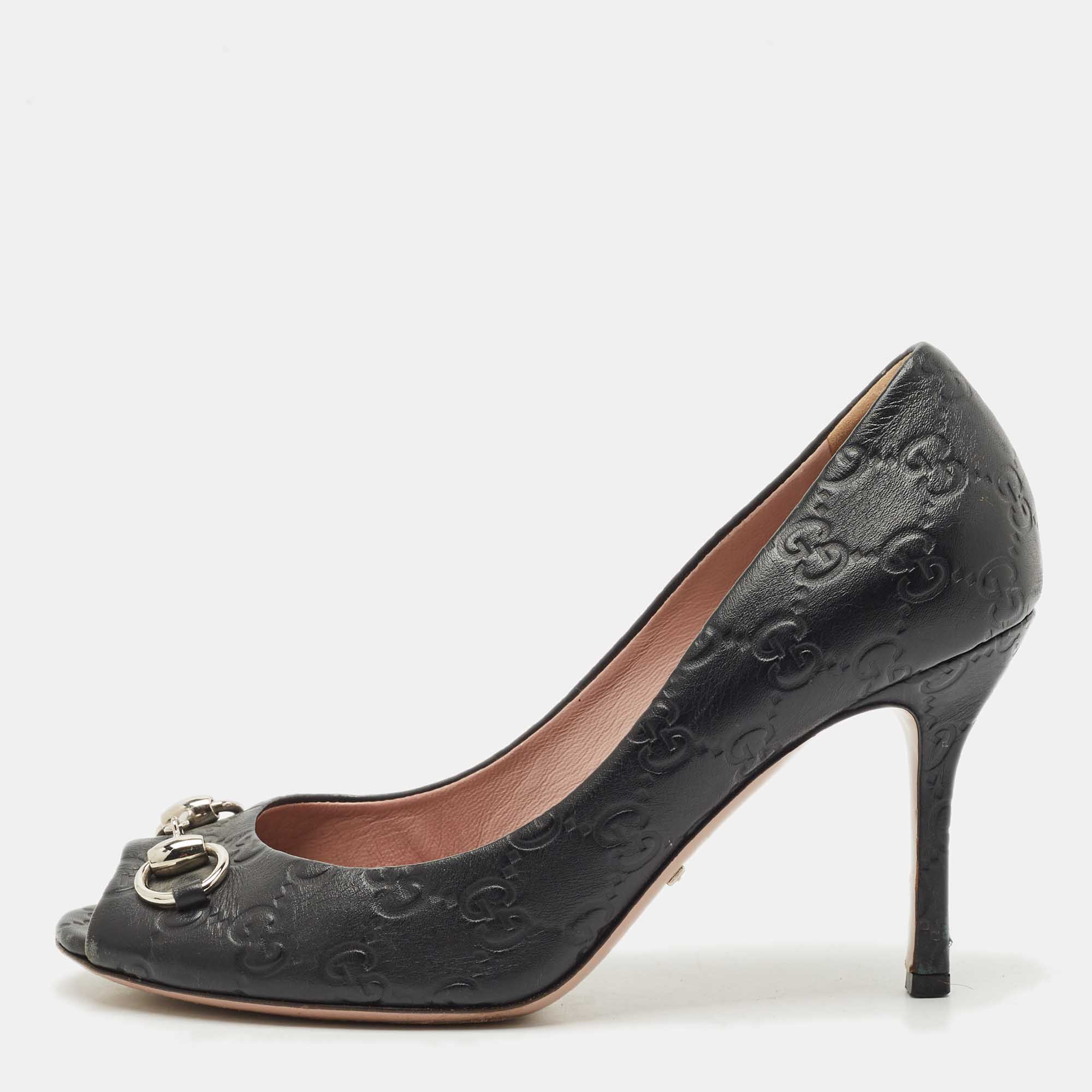 

Gucci Black Leather New Hollywood Horsebit Peep Toe Pumps Size