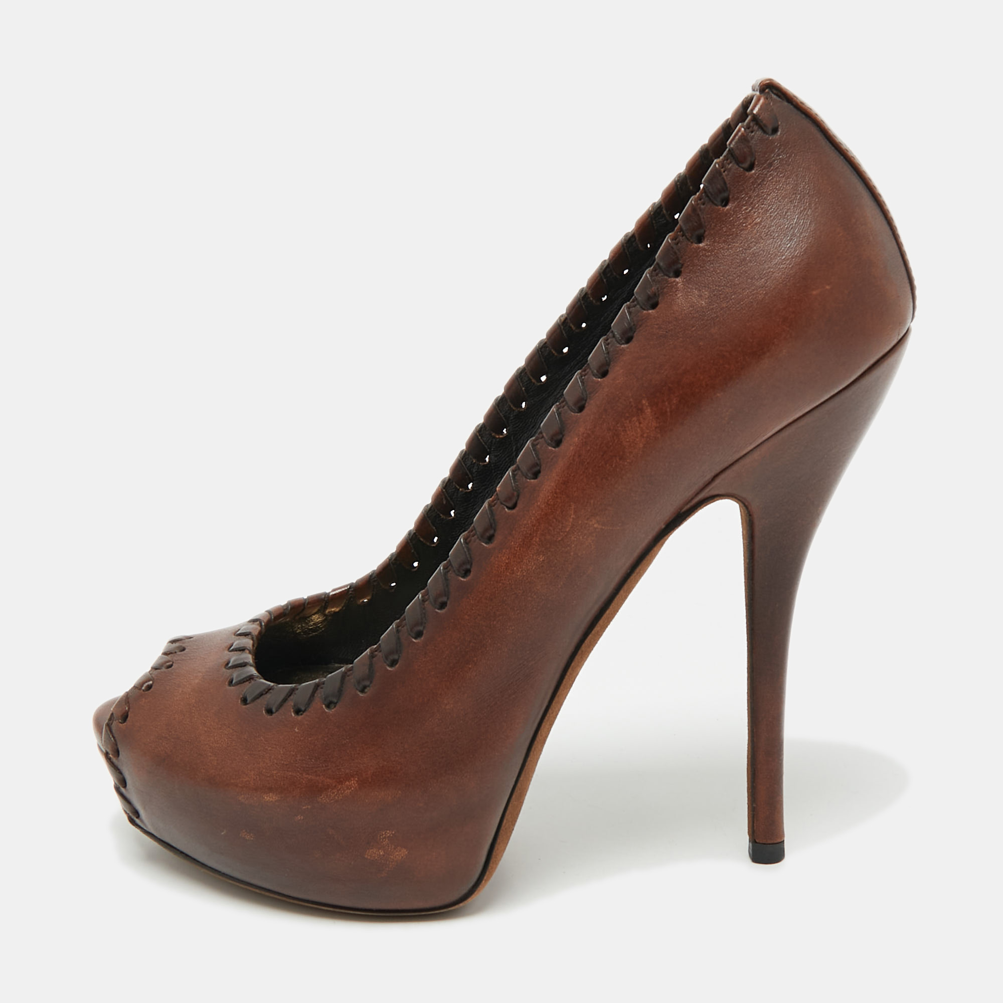 

Gucci Brown Leather Platform Peep Toe Pumps Size