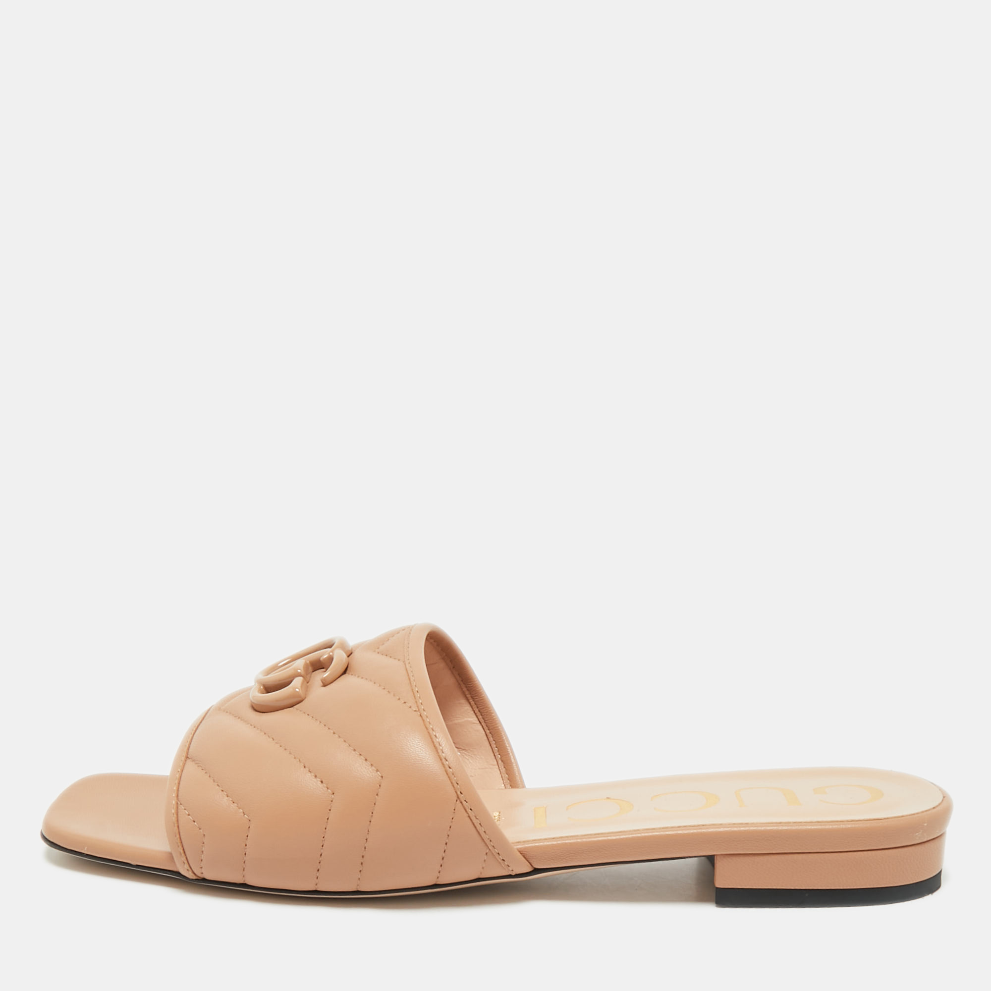 

Gucci Beige Leather Interlocking G Cut Out Flat Slides Size