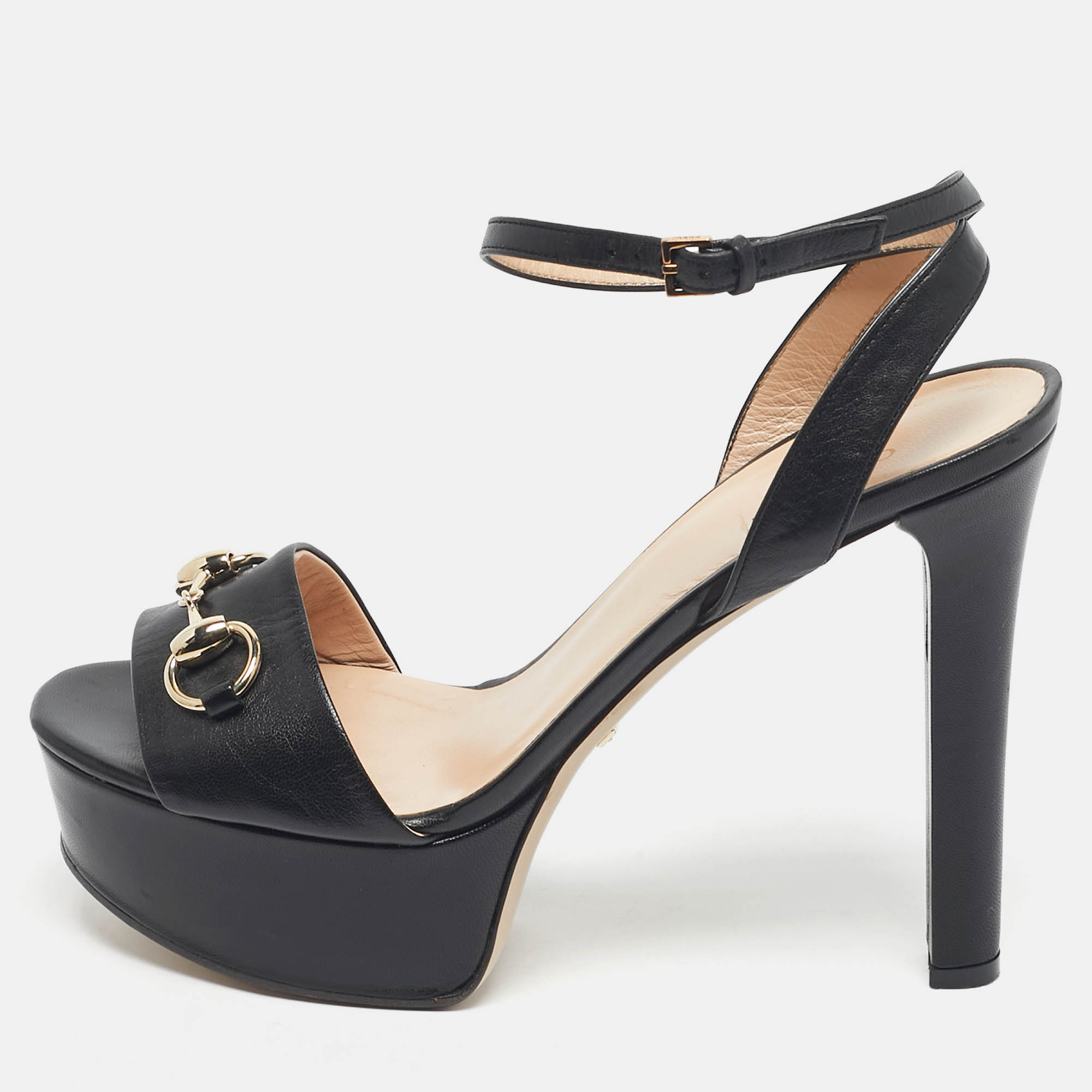 Pre-owned Gucci Black Patent Leather Horsebit Platform Ankle Strap Sandals Size 38