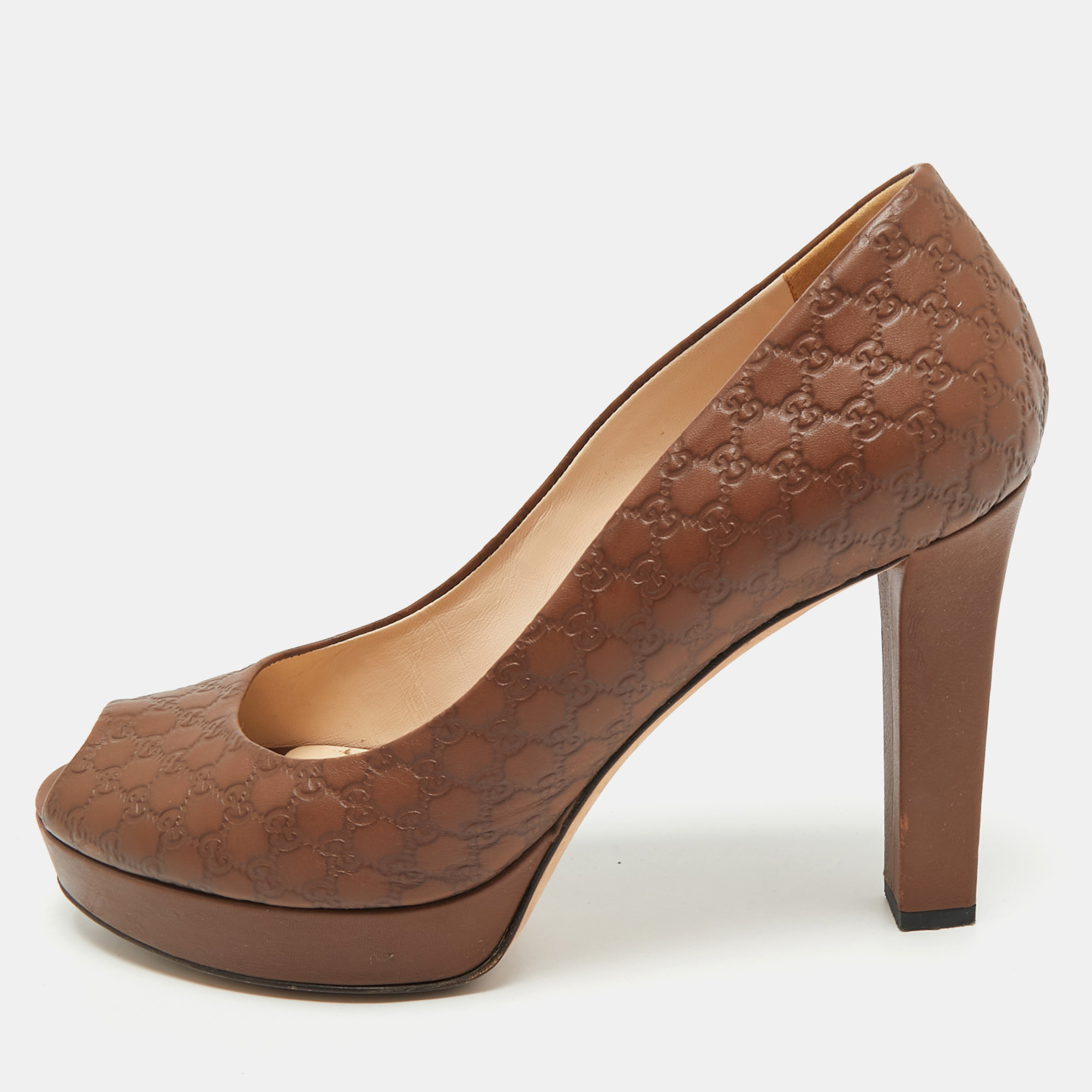 

Gucci Brown Guccissima Leather Peep Toe Platform Pumps Size