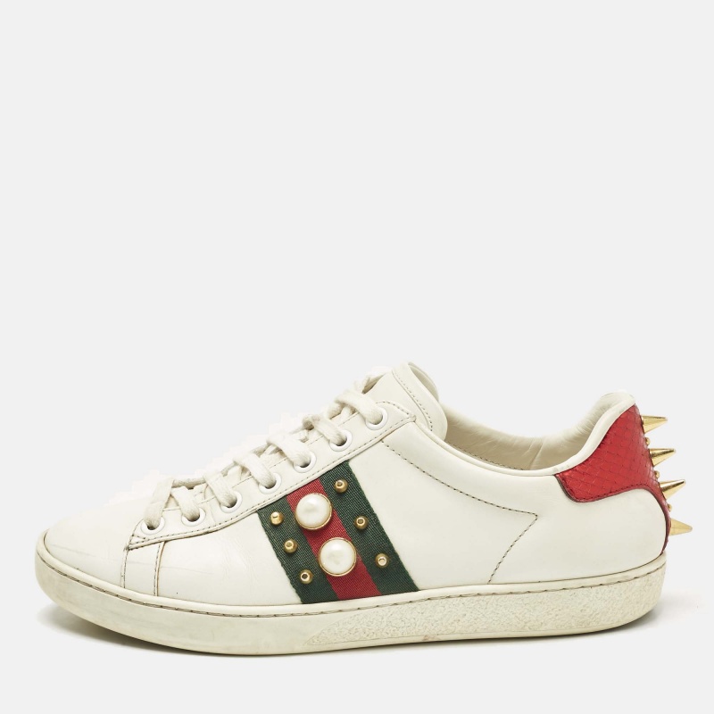 

Gucci White Leather Web Detail New Ace Faux Pearl Embellished Low Top Sneakers Size