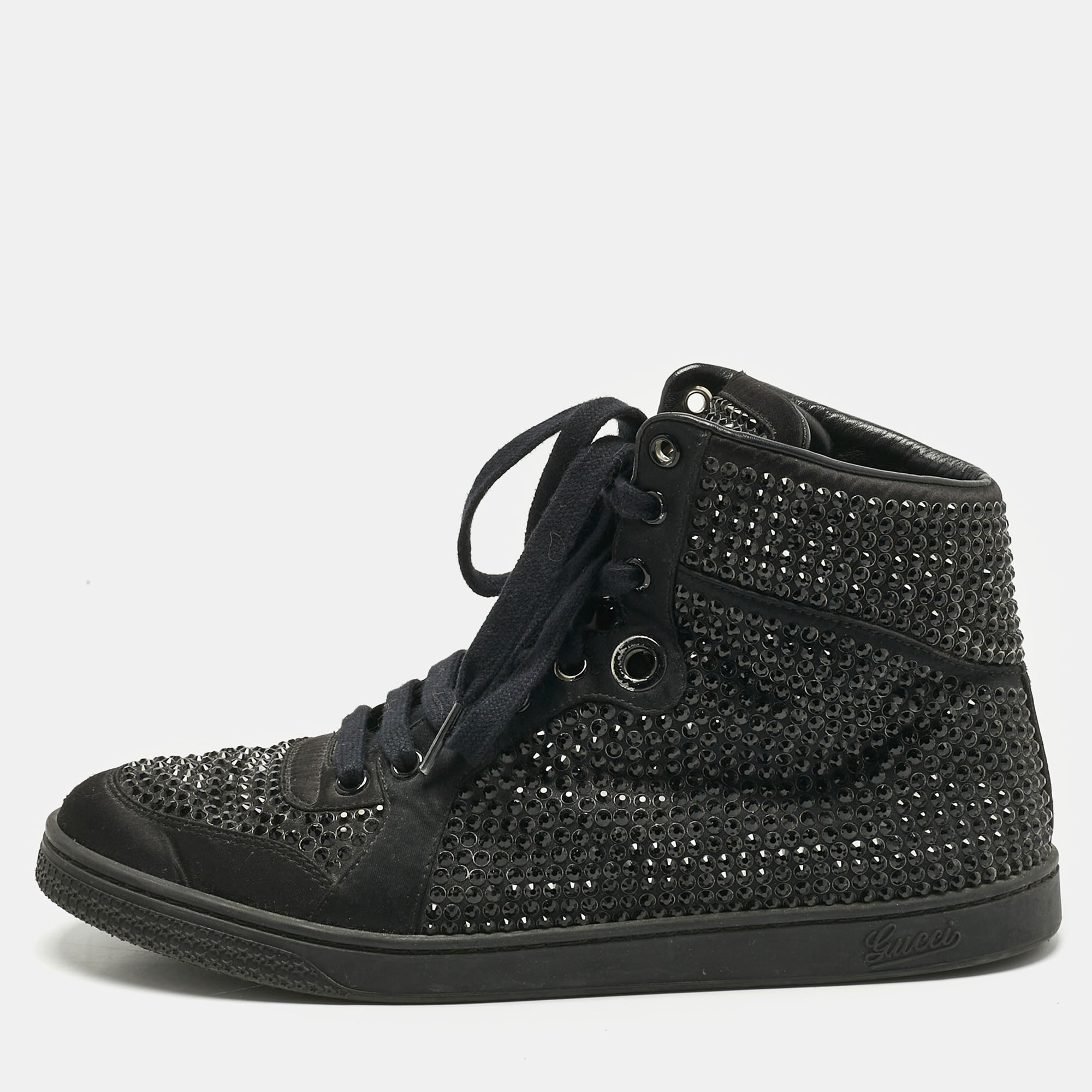 Gucci Black Satin Crystal Embellished Coda High Top Sneakers Size 39
