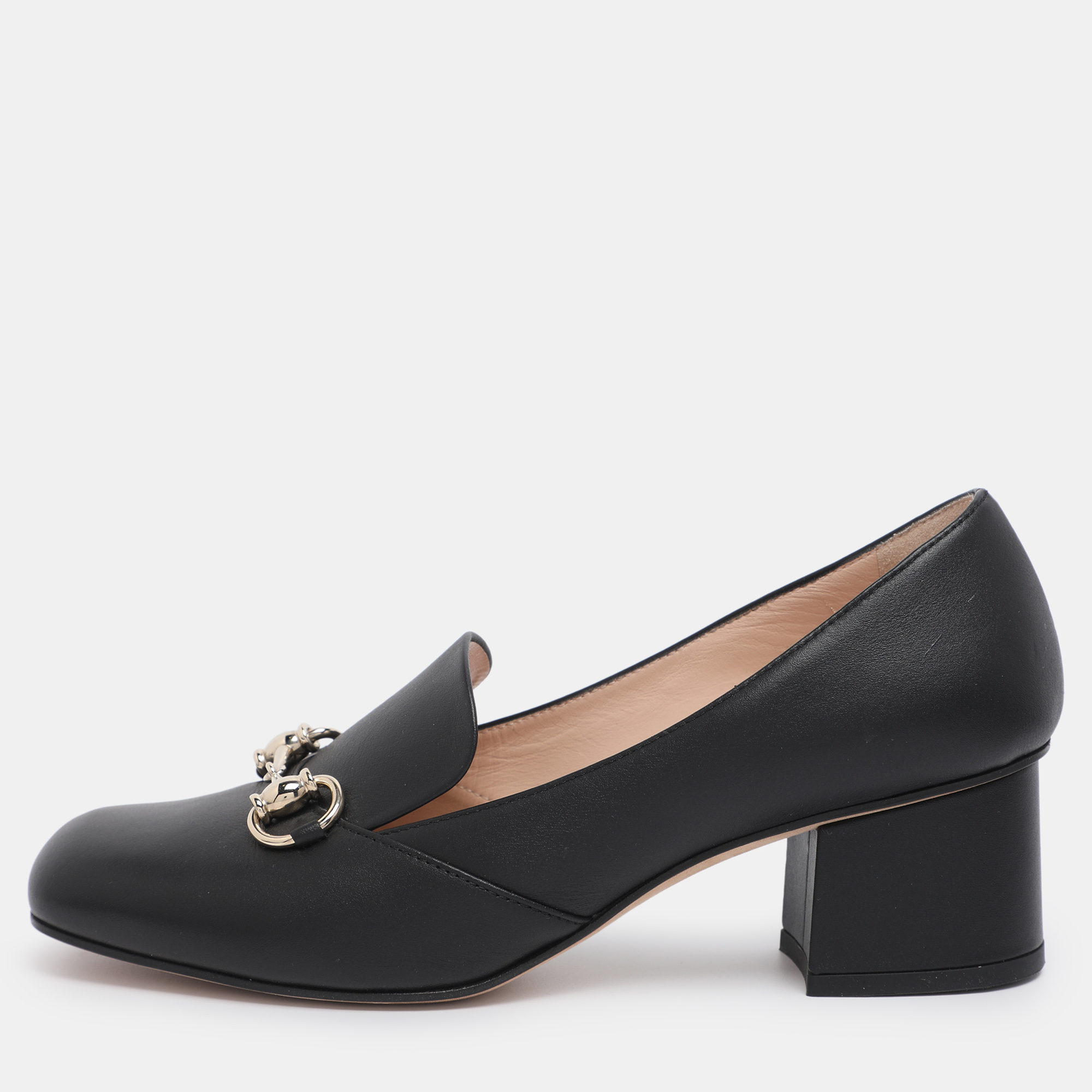 

Gucci Black Leather Horsebit Block Heel Pumps Size