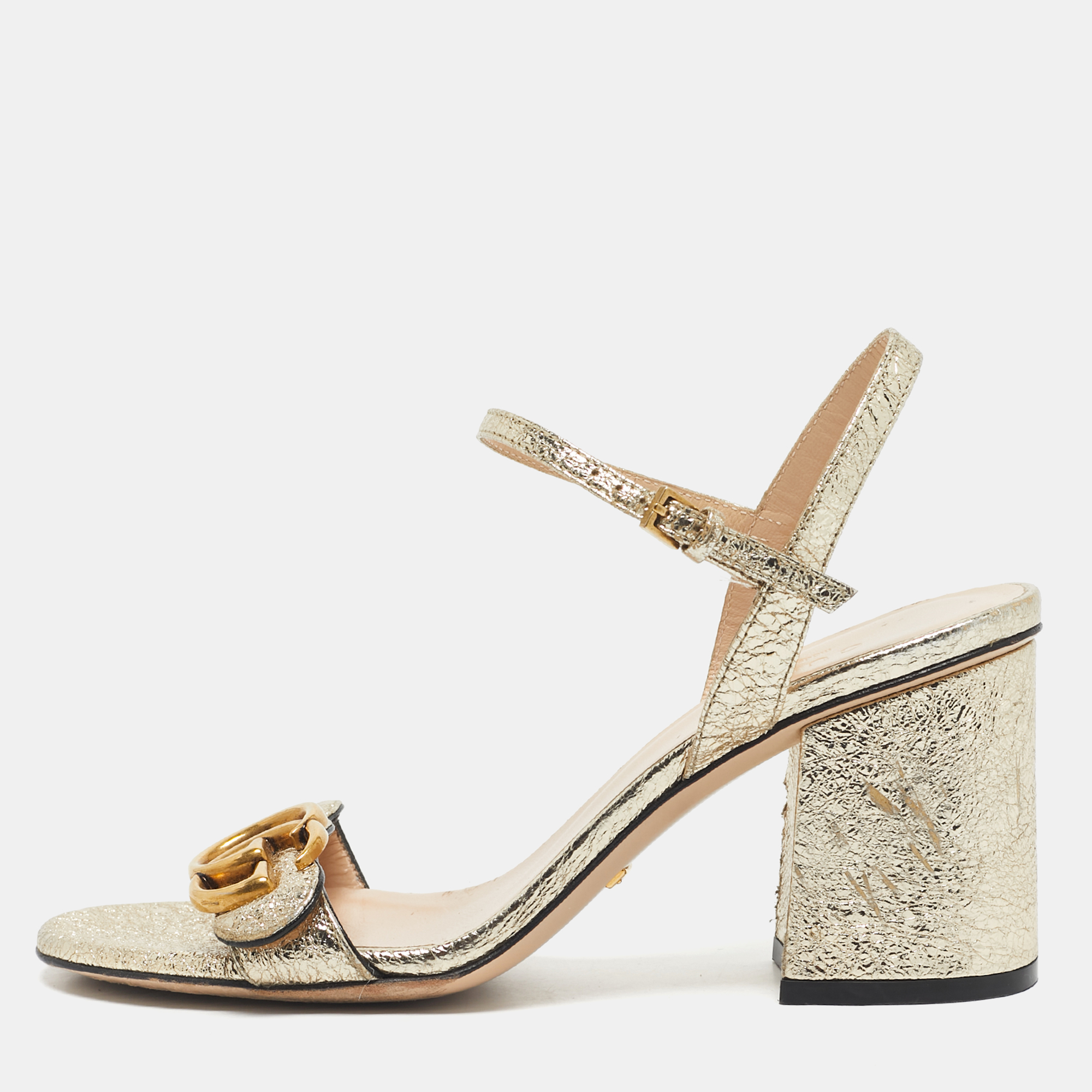Gucci Gold Leather Horsebit Ankle Strap Sandals Size 36